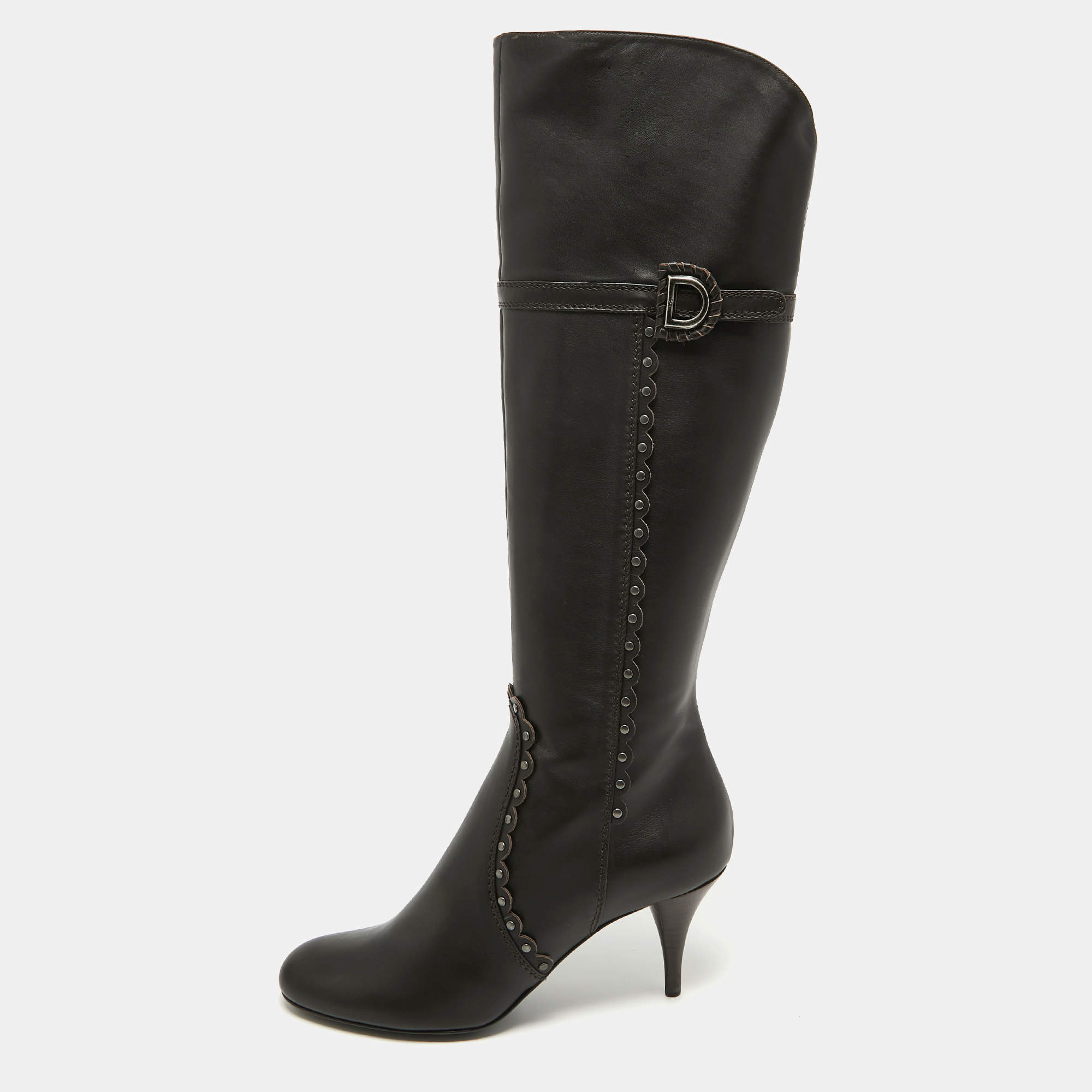 Dior Brown Leather Embellished Knee Length Boots Size 39.5