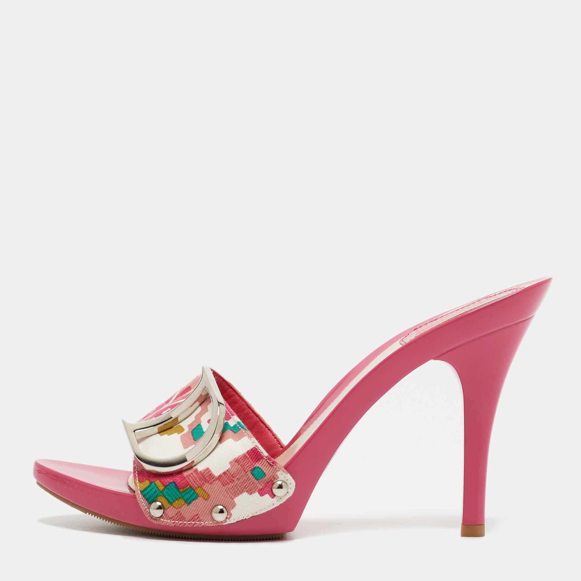 Dior Pink Canvas D logo Slide Sandals Size 38.5