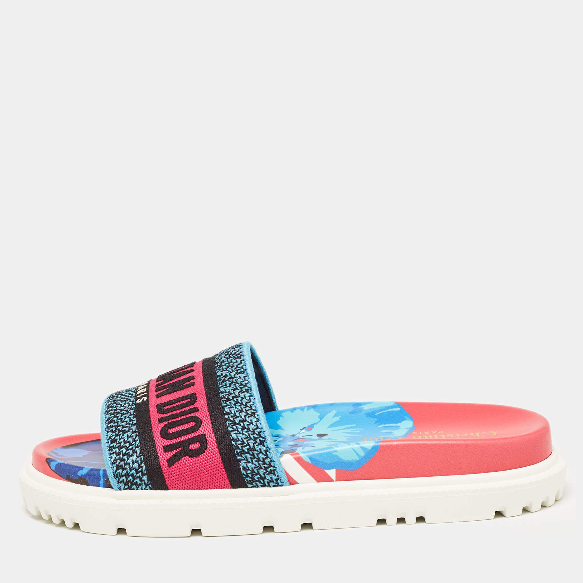 Pre Owned Dior Multicolor Canvas Dway Flat Slides Size 36.5
