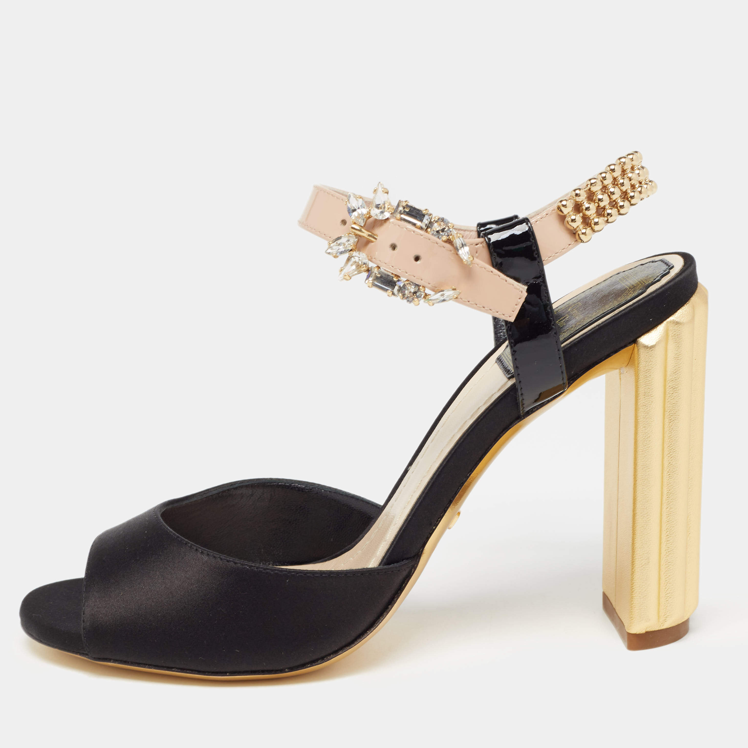 Pre Owned Dior Black/Beige Satin and Patent Leather Studded Ankle Strap Sandals Size 36
