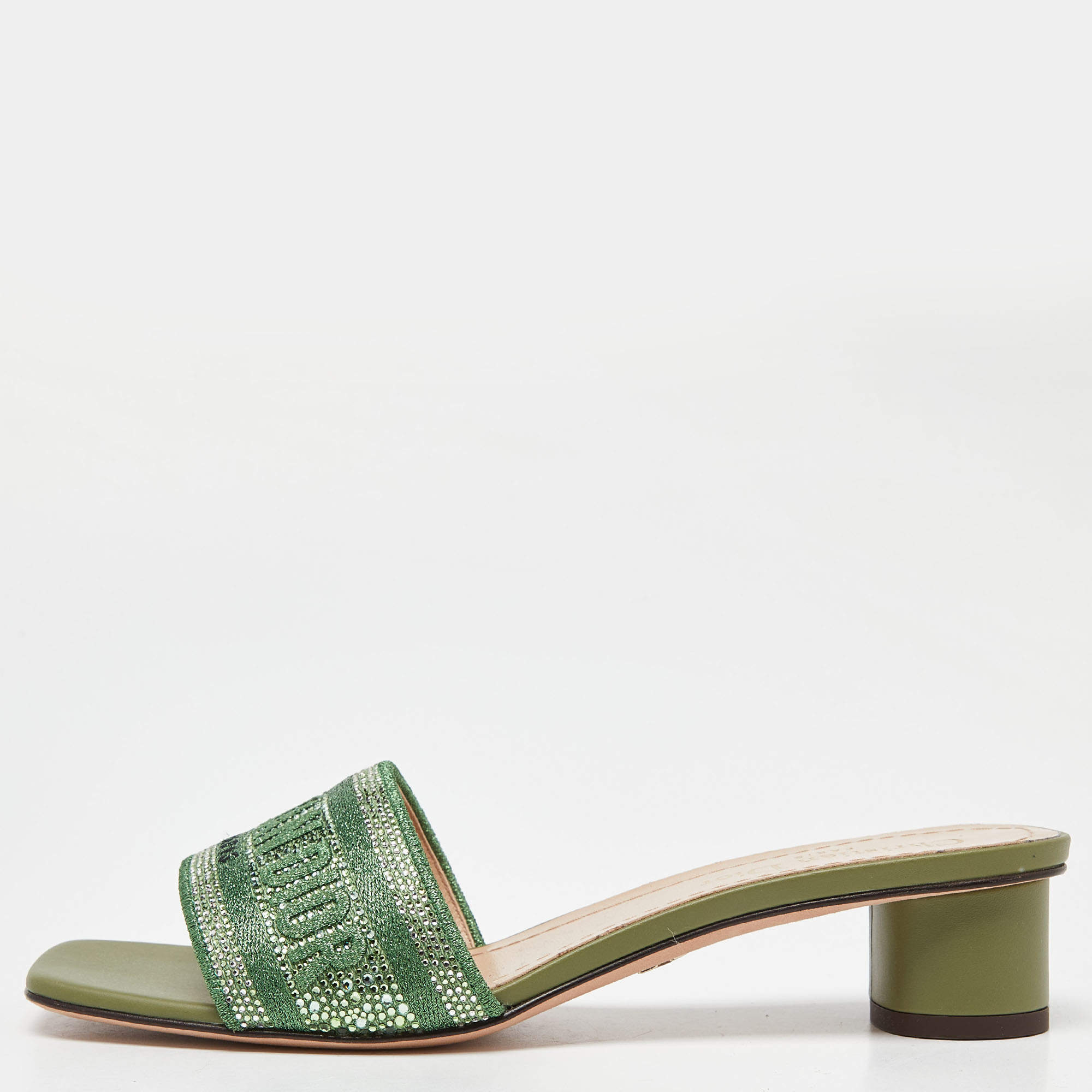Dior Green Logo Embroidered Canvas Dway Slide Sandals Size 38