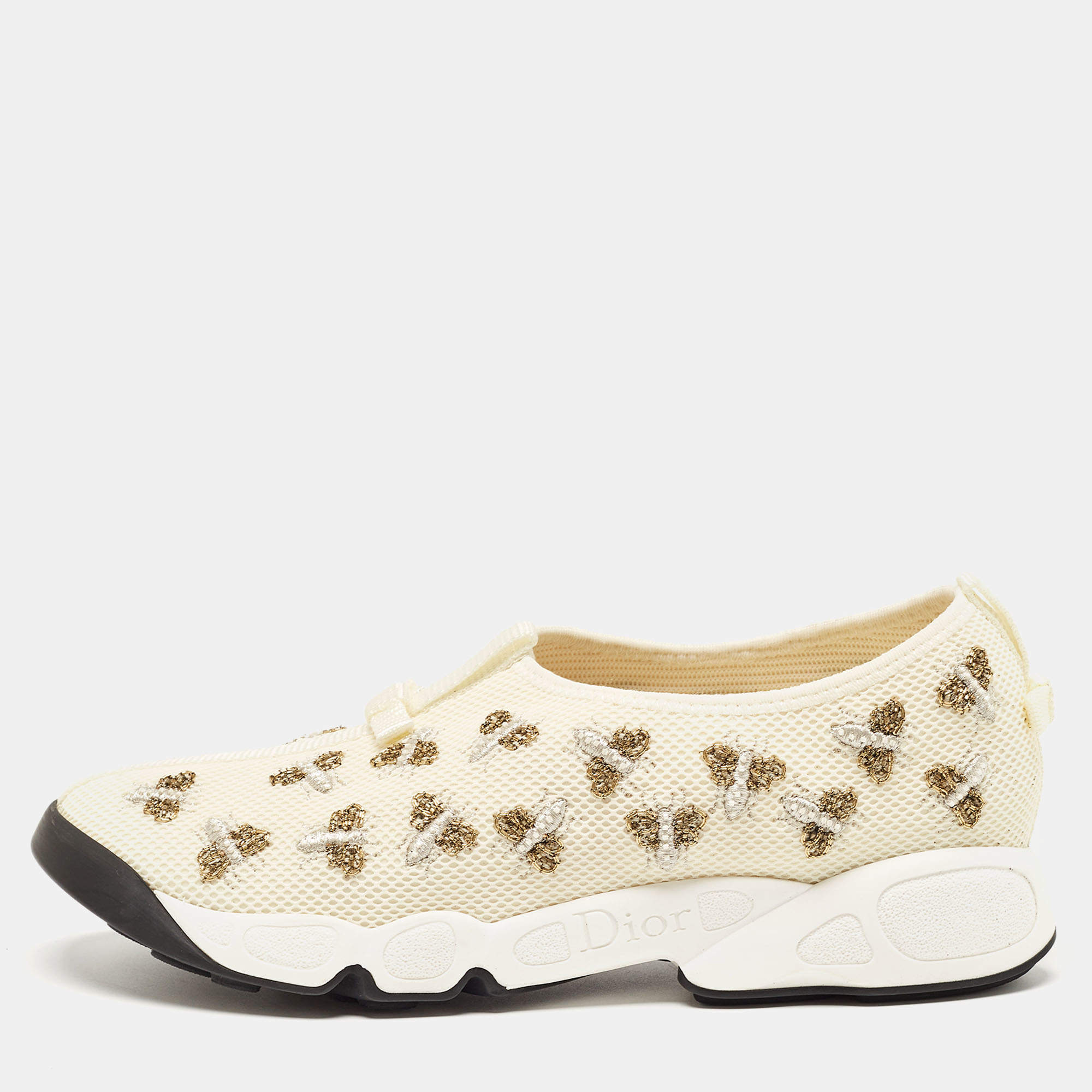 Pre Owned Dior Cream Mesh Fusion Bee Embraided Low Top Sneakers Size 39.5