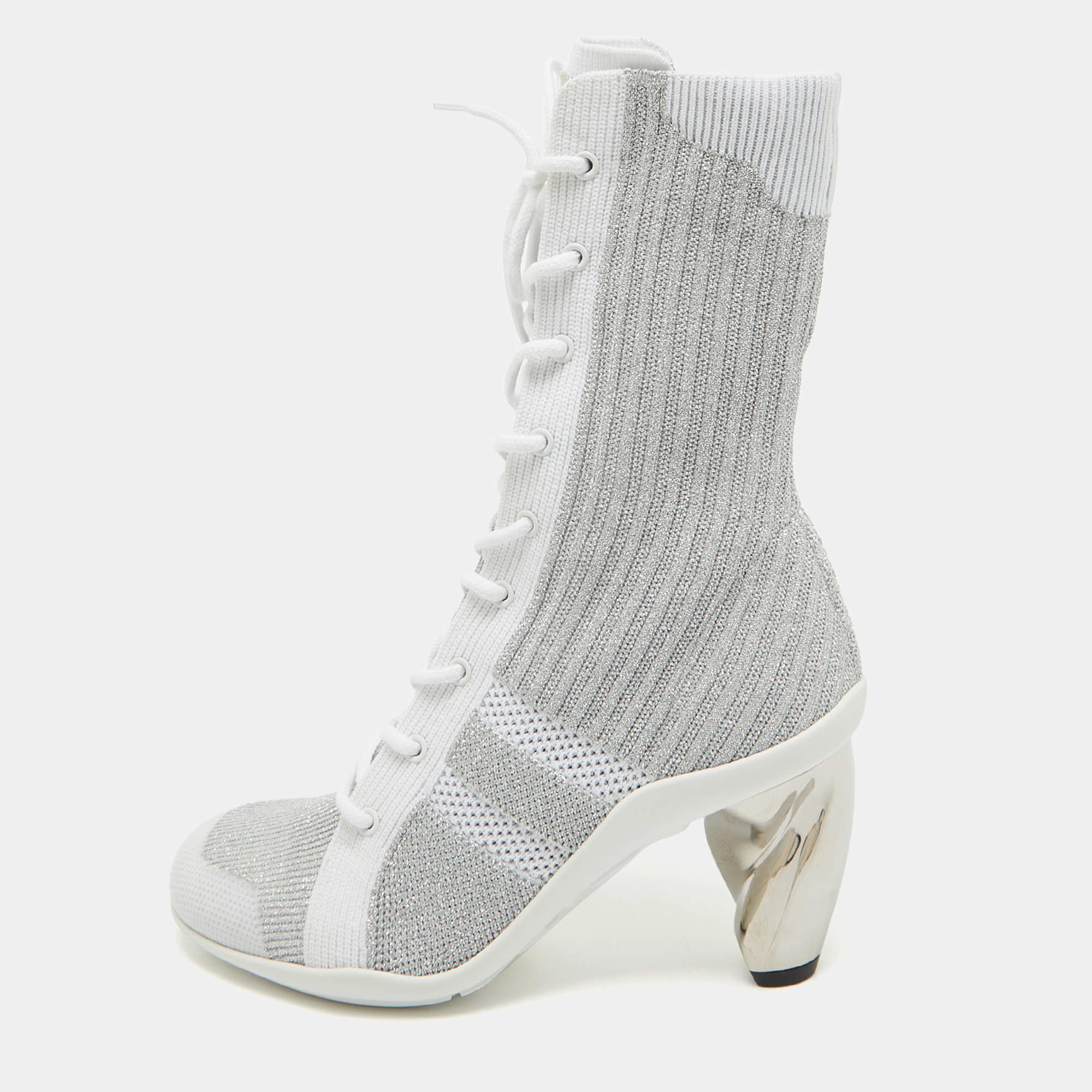 Pre Owned Dior Silver Knit Fabric D-Zenith Ankle Boots Size 37.5