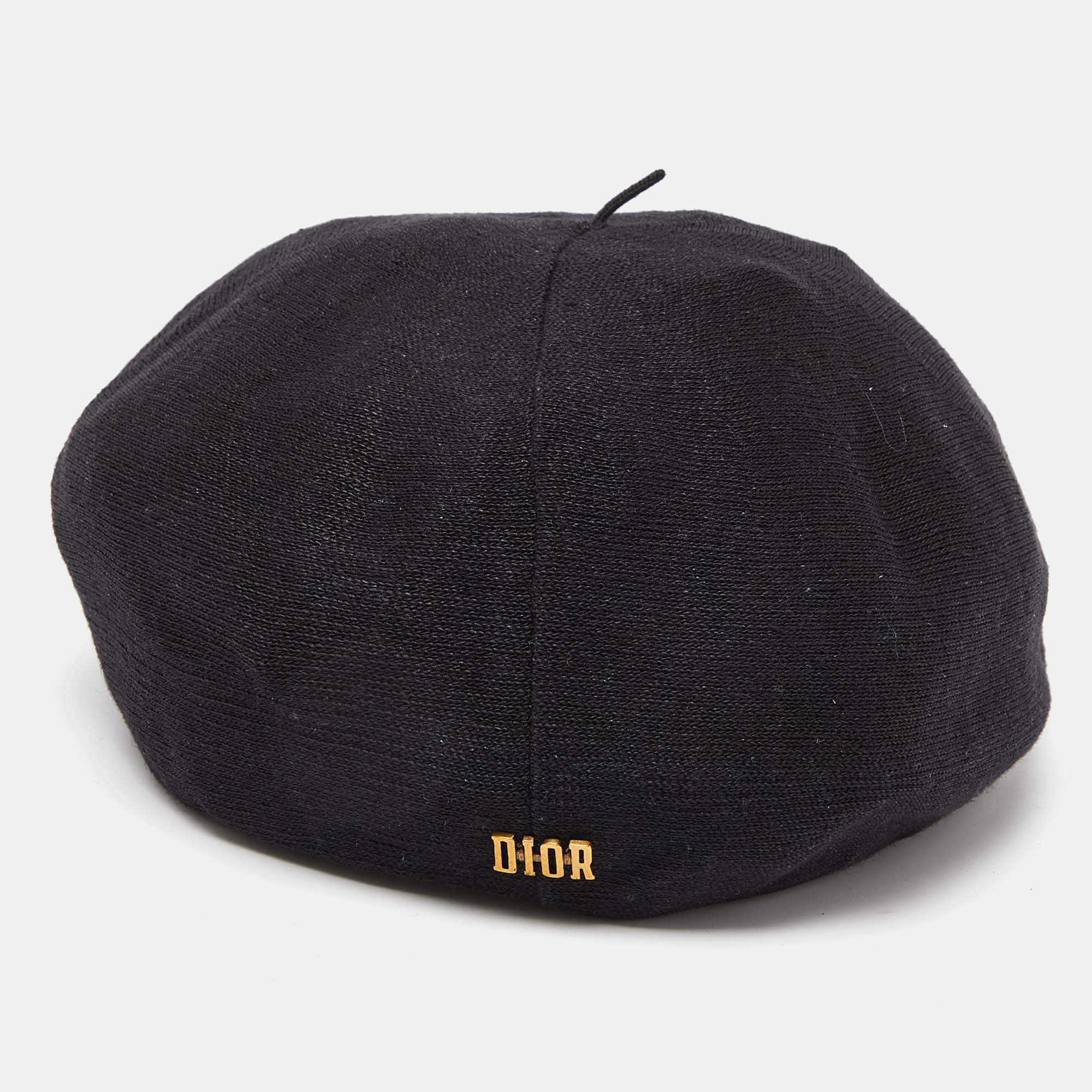 Pre Owned Dior Black Logo Detail Linen Beret Hat