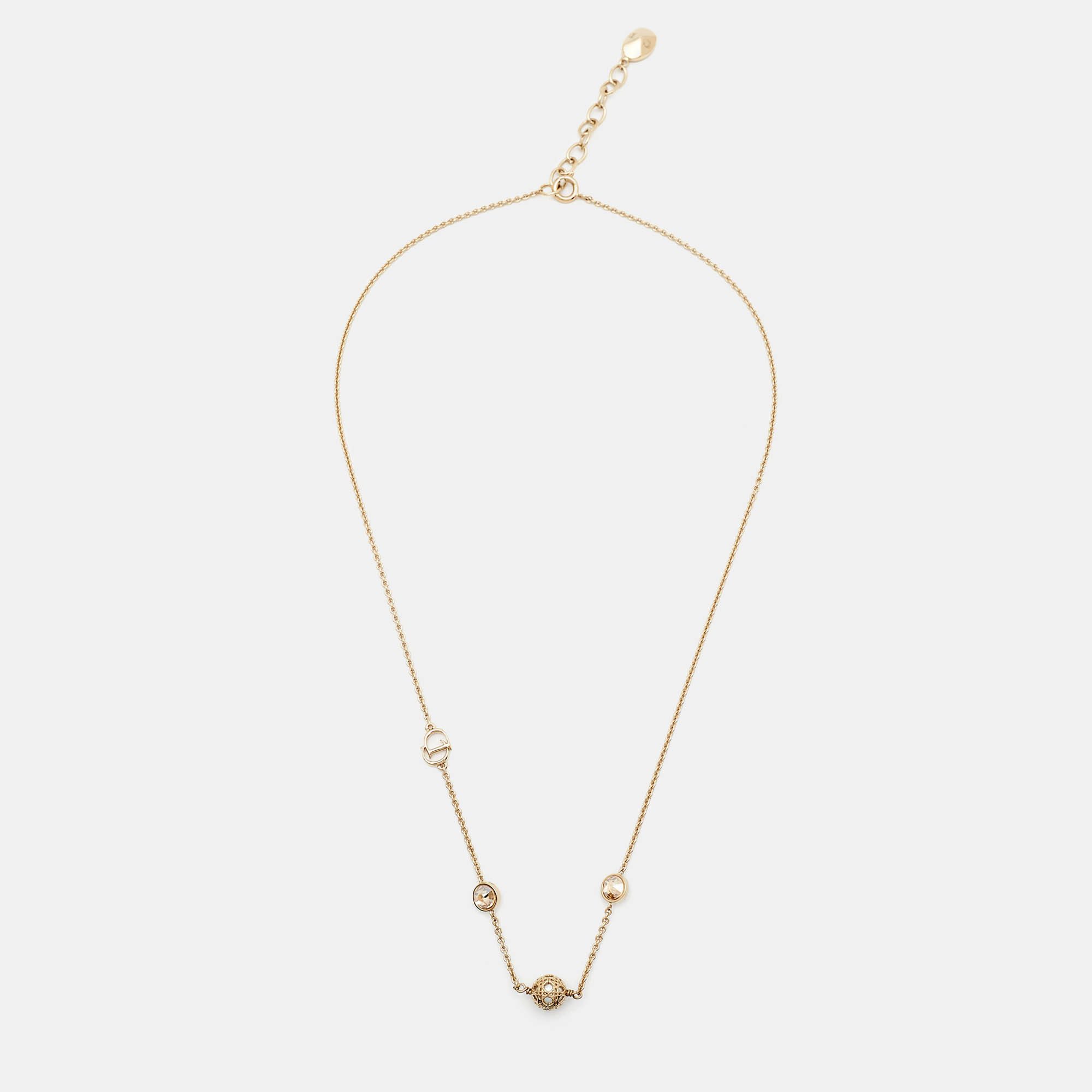 Dior Gold Tone Secret Cannage Faux Pearl Crystal Station Necklace