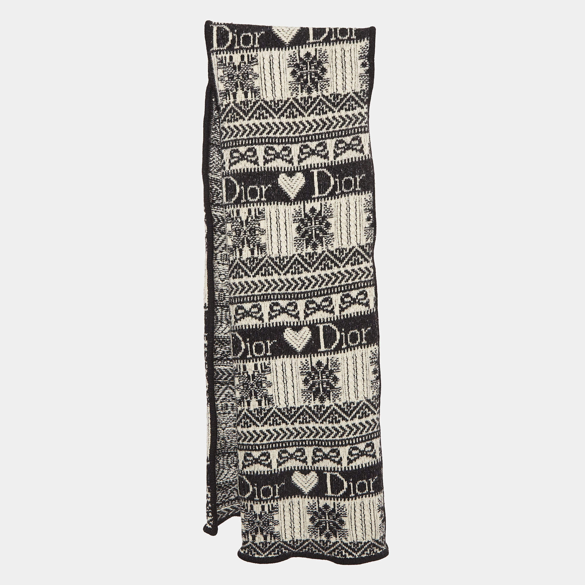 Pre Owned Dior Monochrome Patterned Knit Wool Scarf