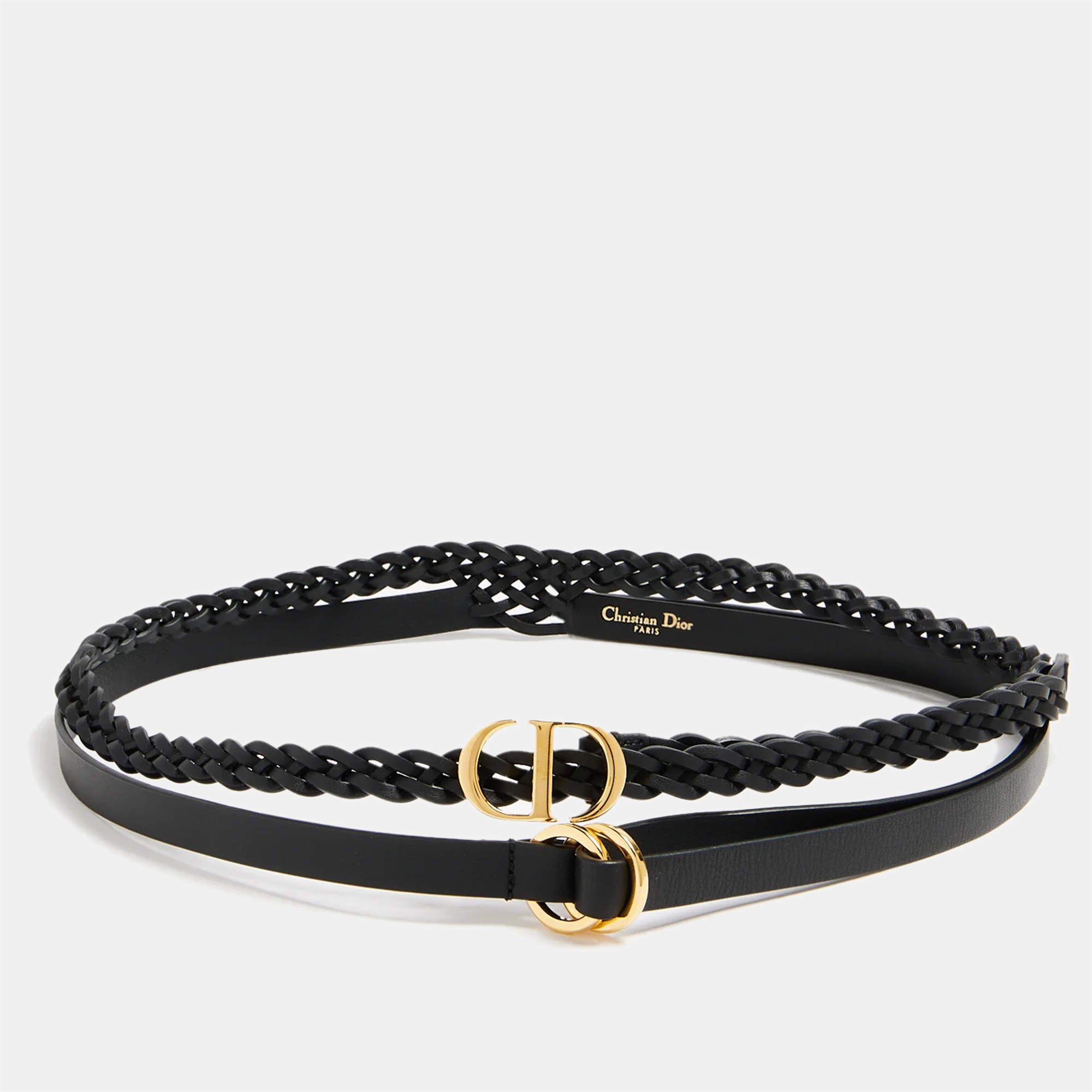 Pre Owned Dior Black Leather CD Double Braided Buckle Belt 80CM