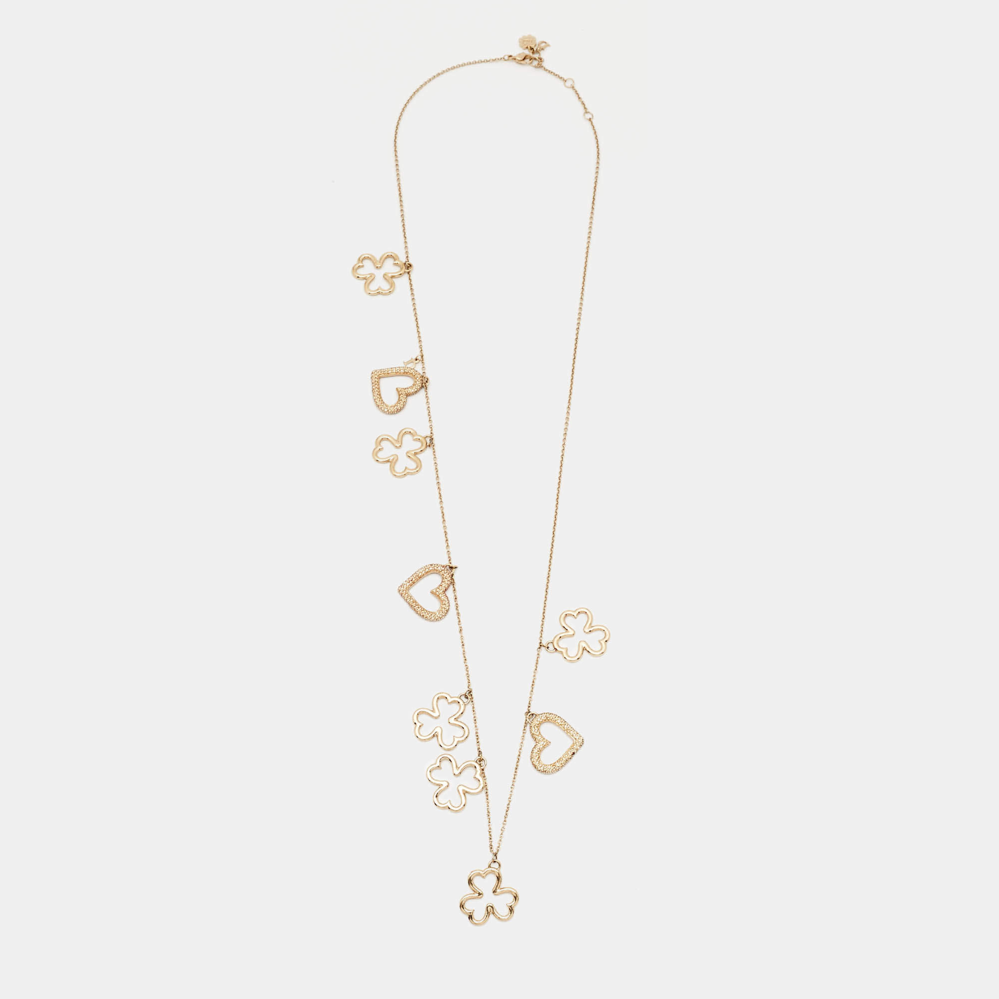 Dior  Crystal Heart Clover Charms Gold ToneChain Necklace