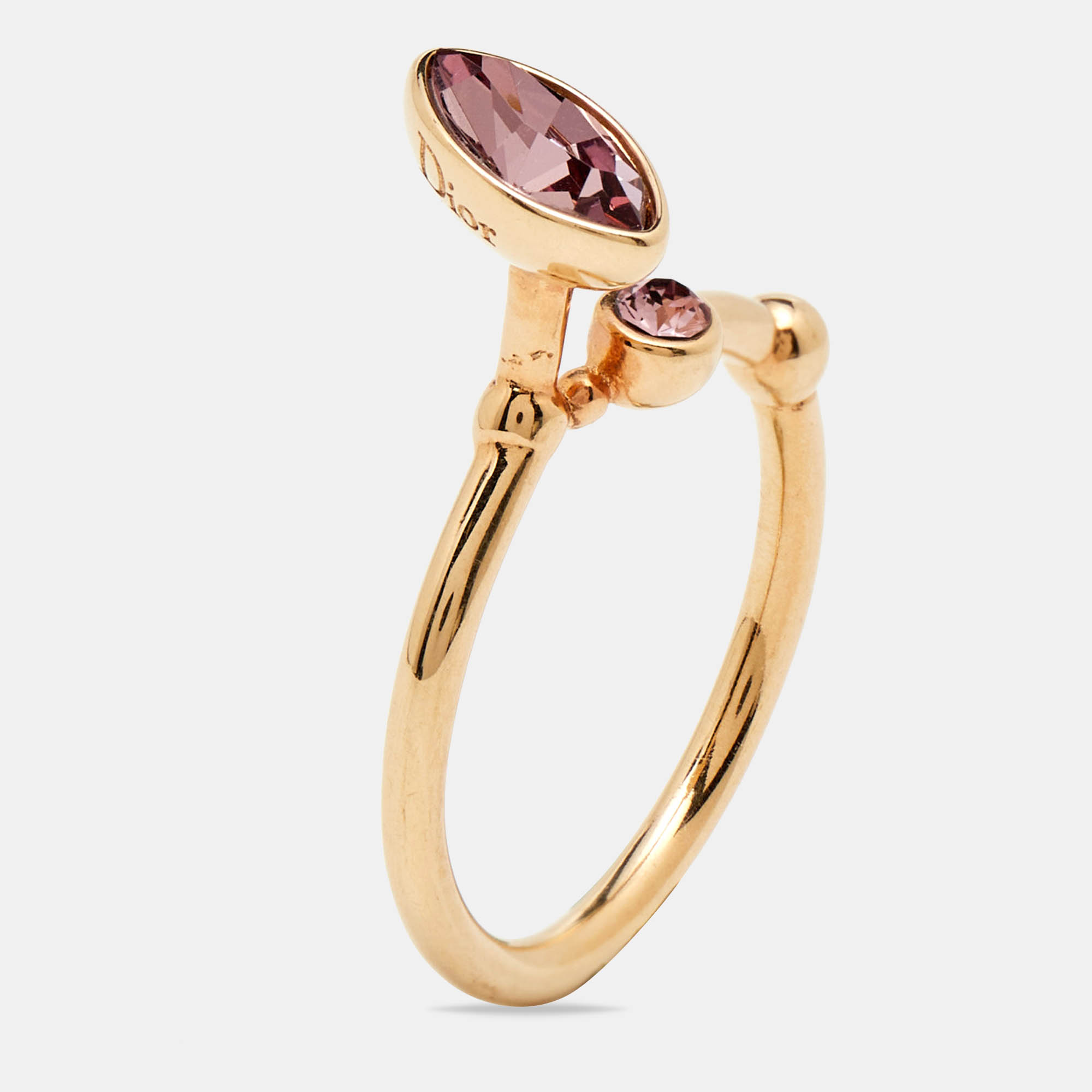 Pre Owned Dior Pink Crystal Gold Tone Ring Size EU 50