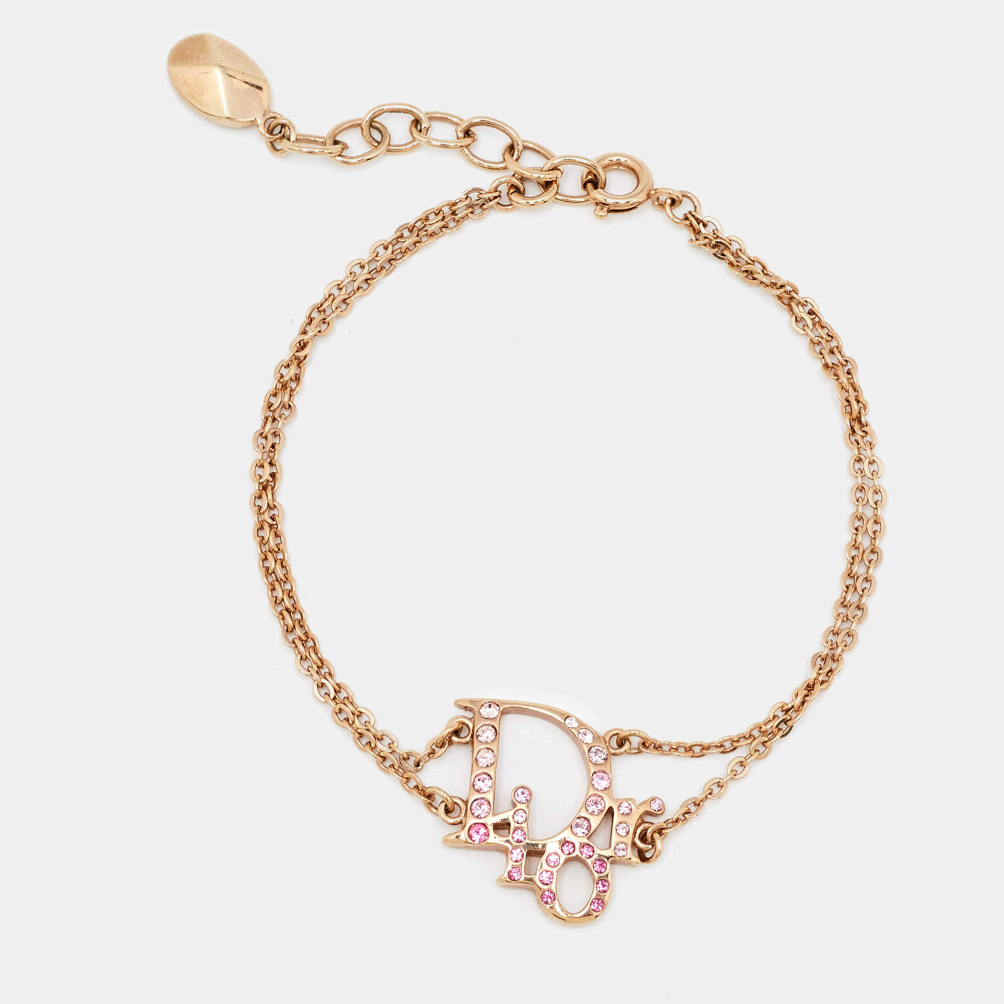 Dior Oblique Charm Crystal Studded Gold Tone Double Chain Bracelet