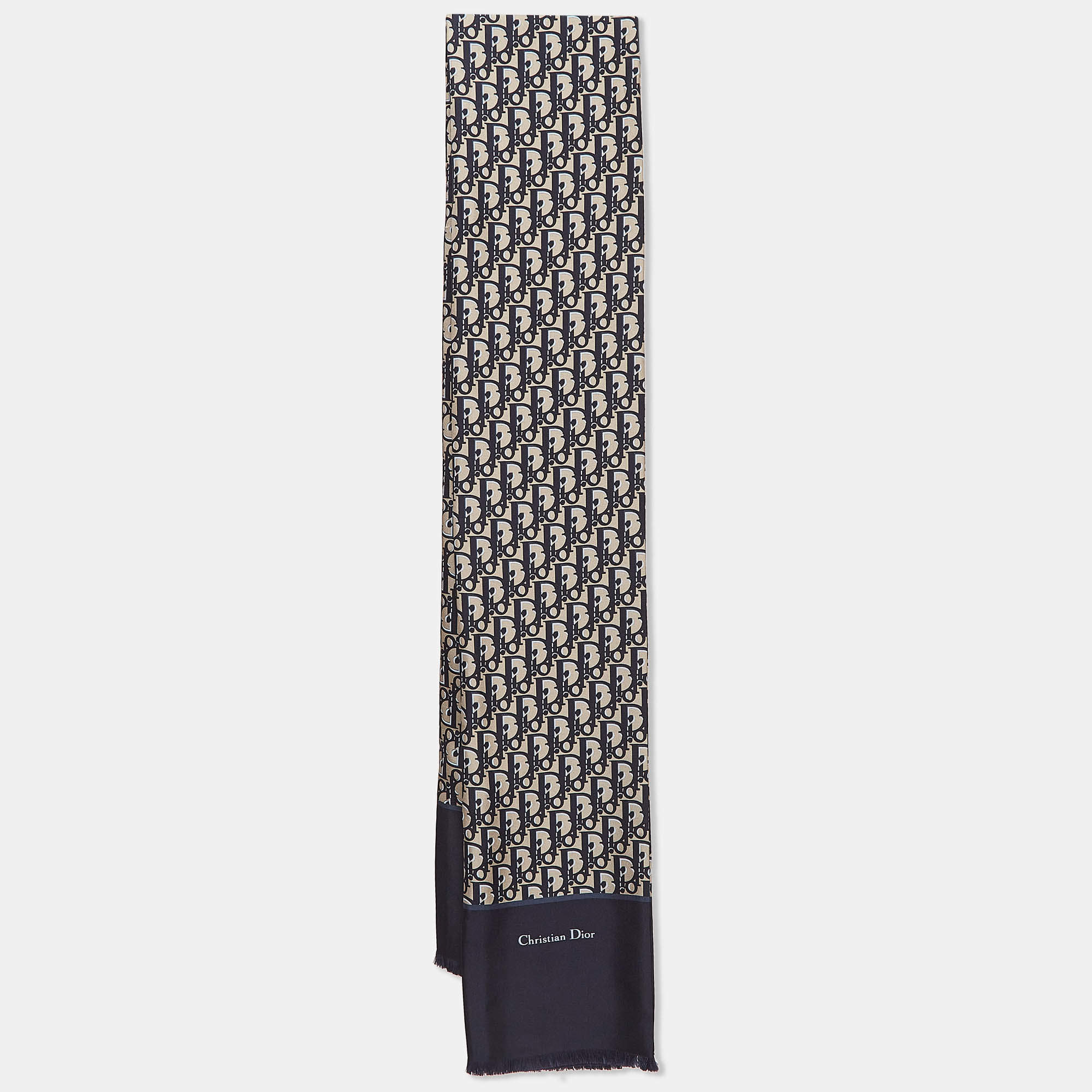 Pre Owned Dior Navy Blue Oblique Print Silk Stole 