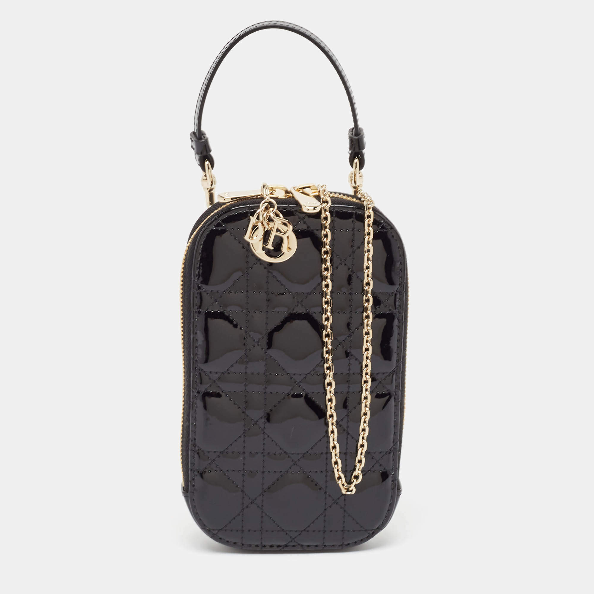 Dior Black Cannage Patent Leather Call'in Chain Phone Holder 