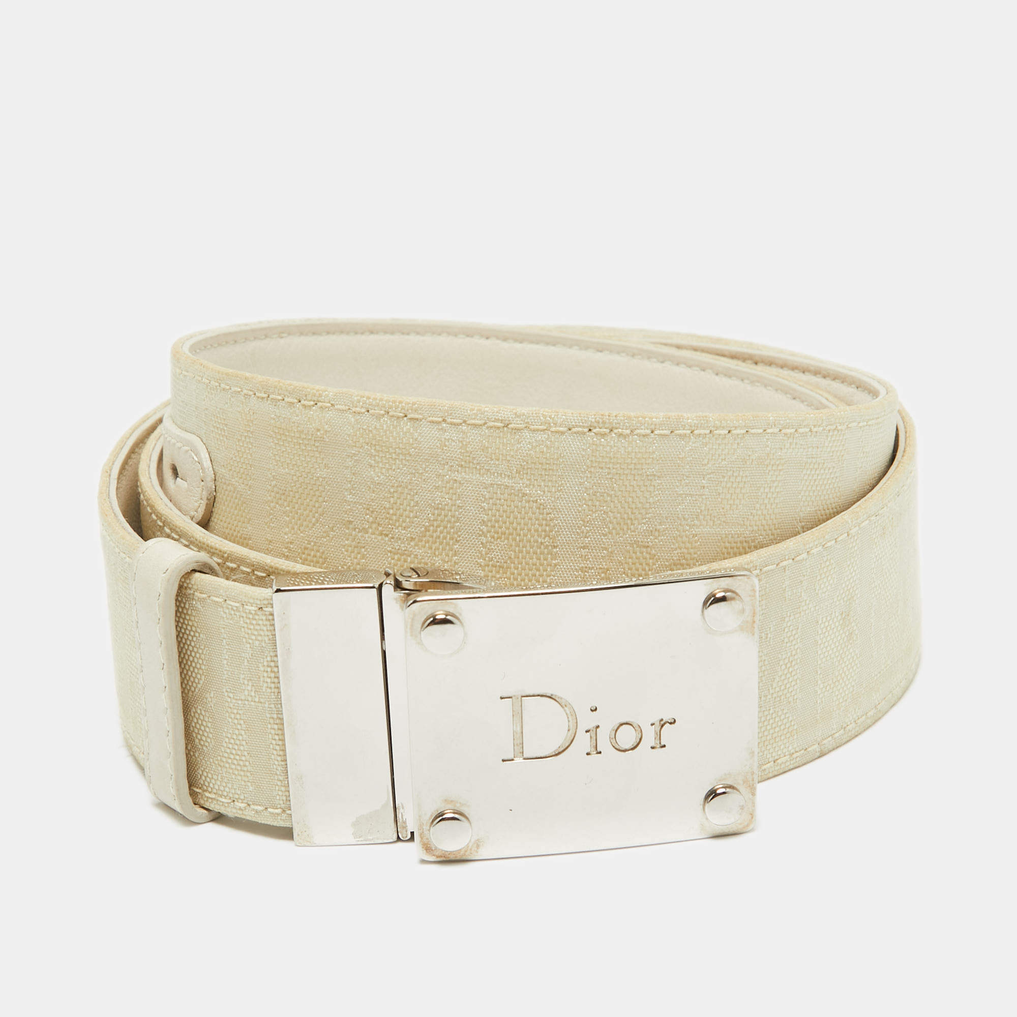 Dior Beige/White Oblique Canvas and Leather Logo Plague Reversible Belt 85CM