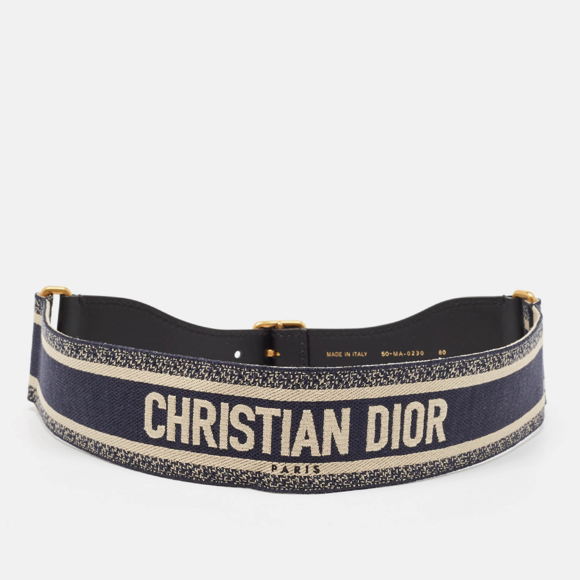 Pre Owned Dior Navy Blue Embroidered Canvas and Leather Buckle Waist Belt 80CM