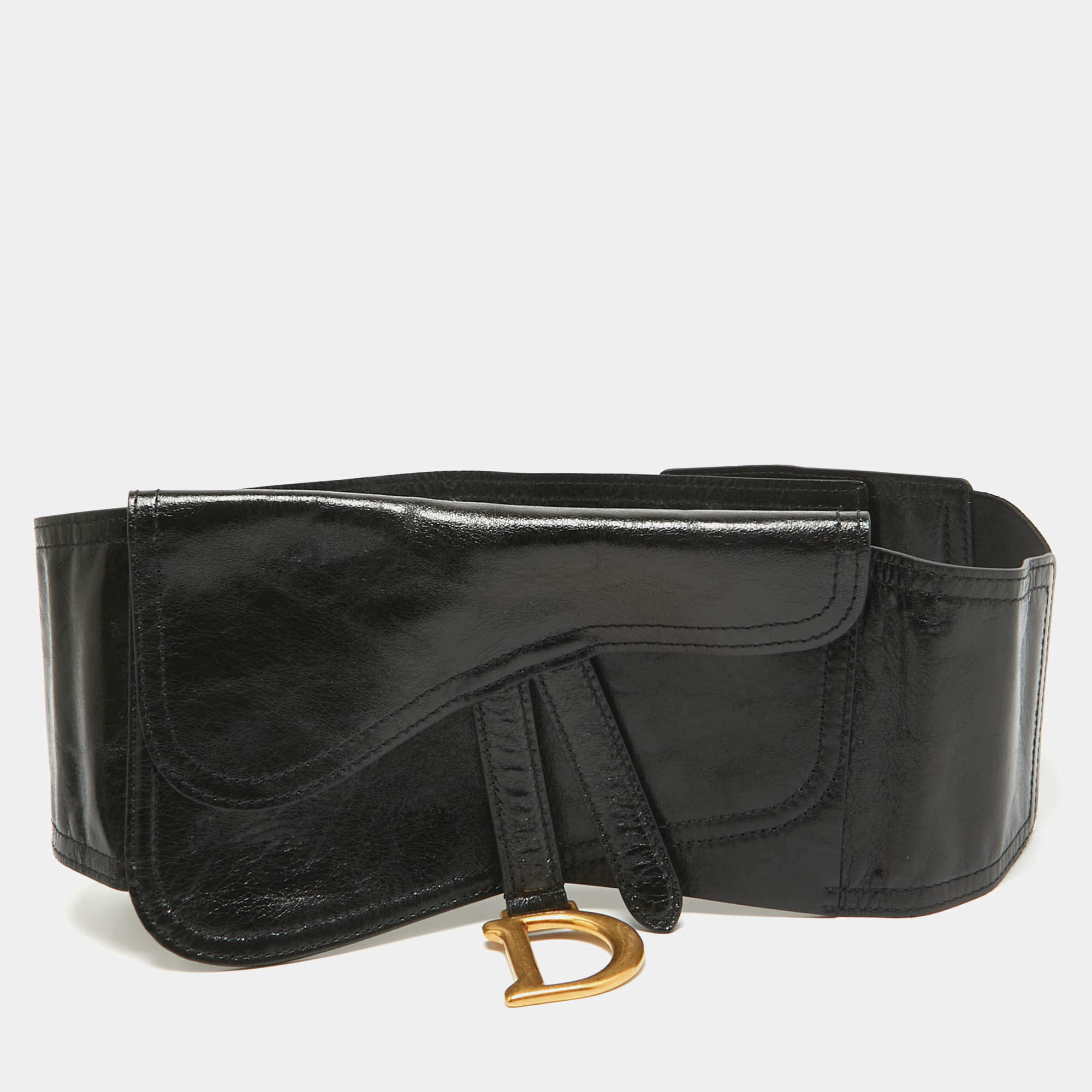 Dior Black Glossy Leather Saddle Wrap Belt