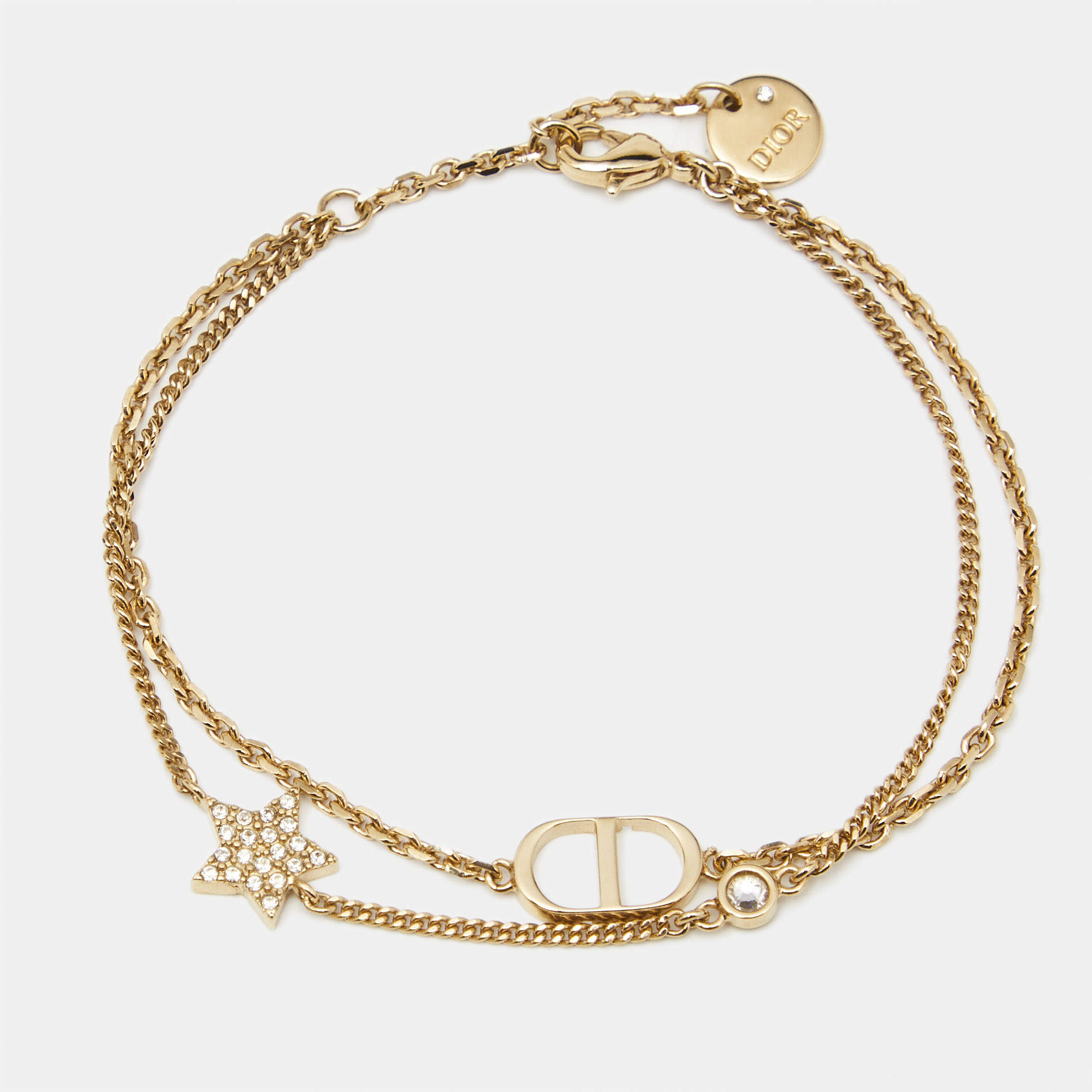 Pre Owned Dior Petit CD Double Chain Crystals Gold Tone Bracelet