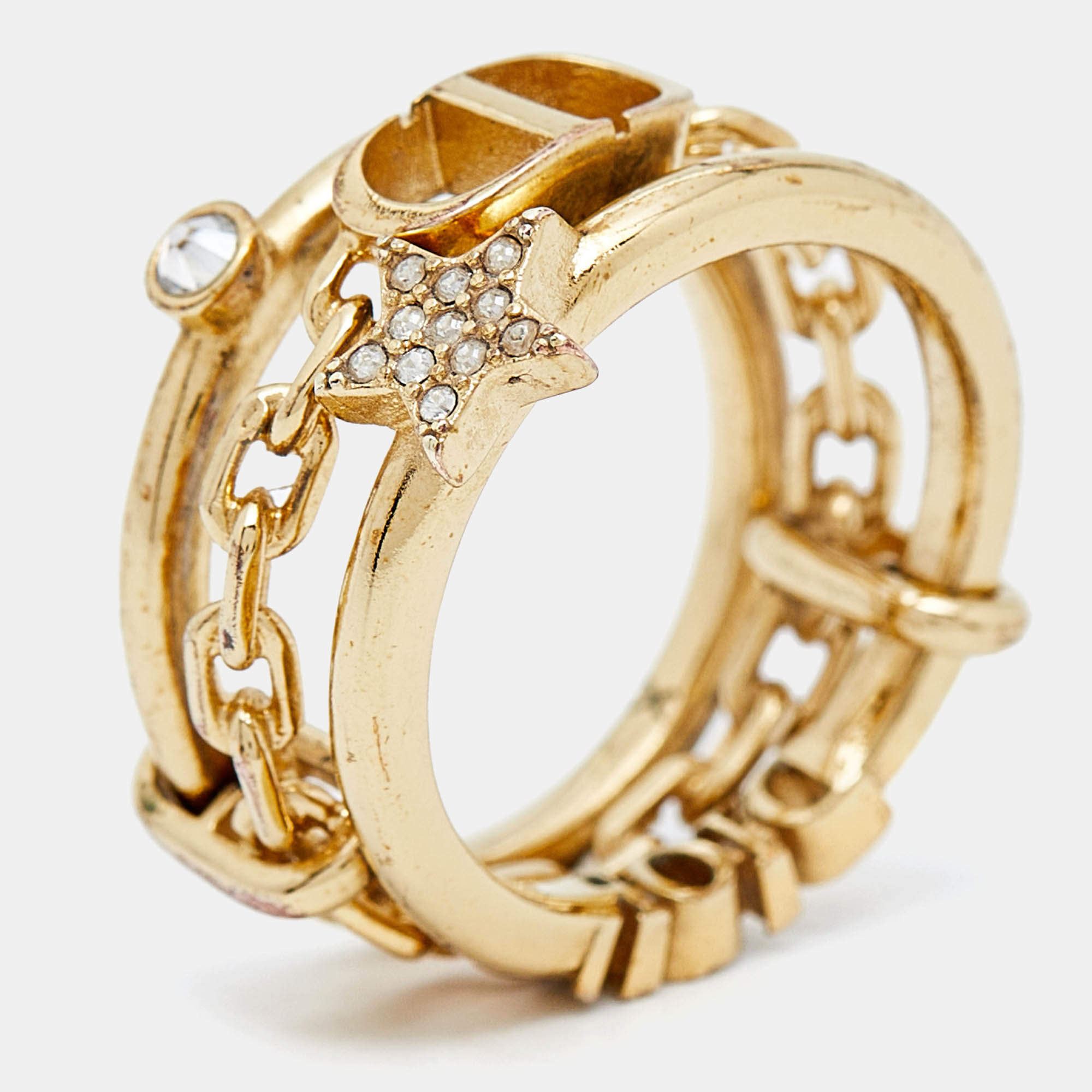 Dior CD Crystals Gold Tone Logo Triple Ring Size 54