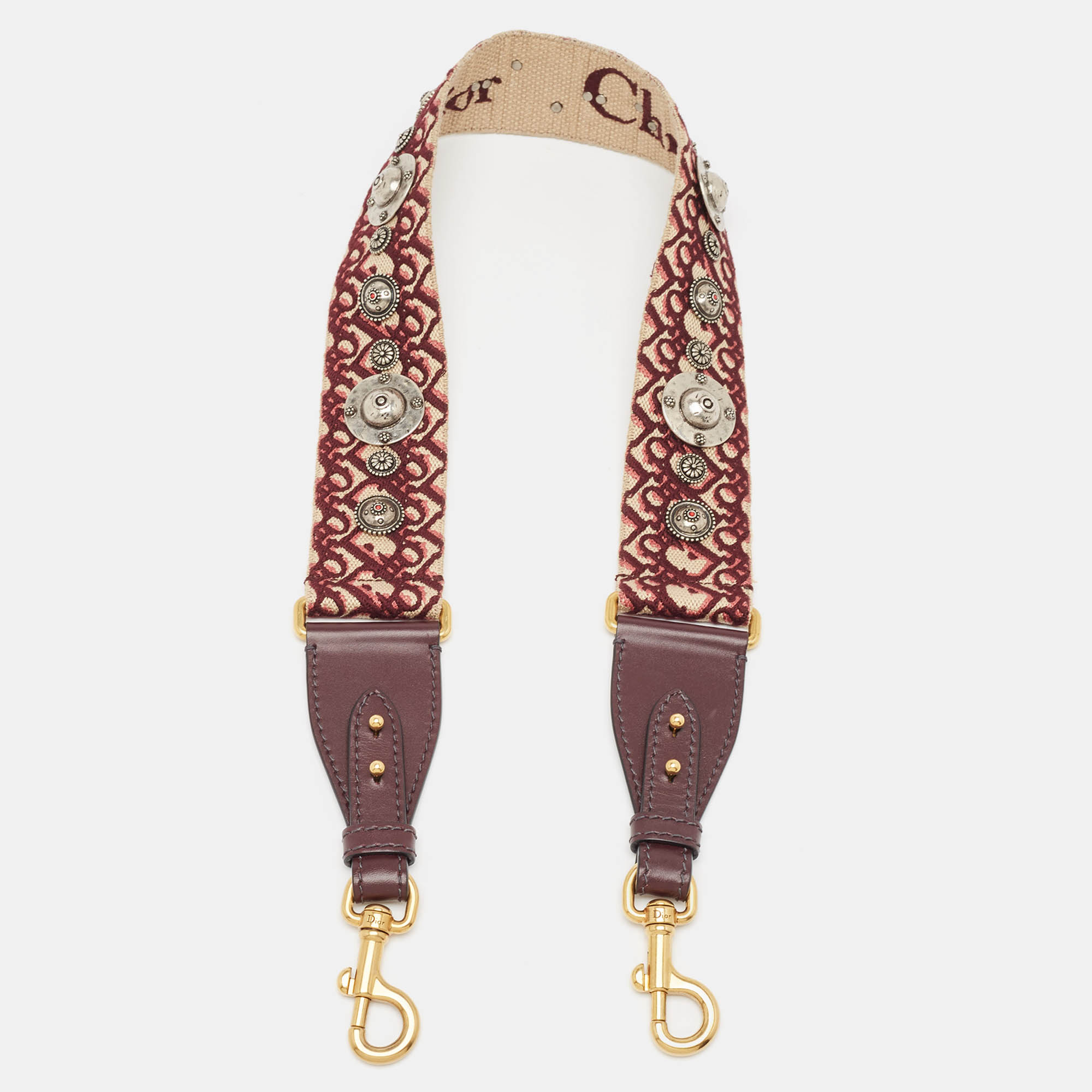 Dior Burgundy Canvas and Leather Studded Saddle Shoulder Bag Strap