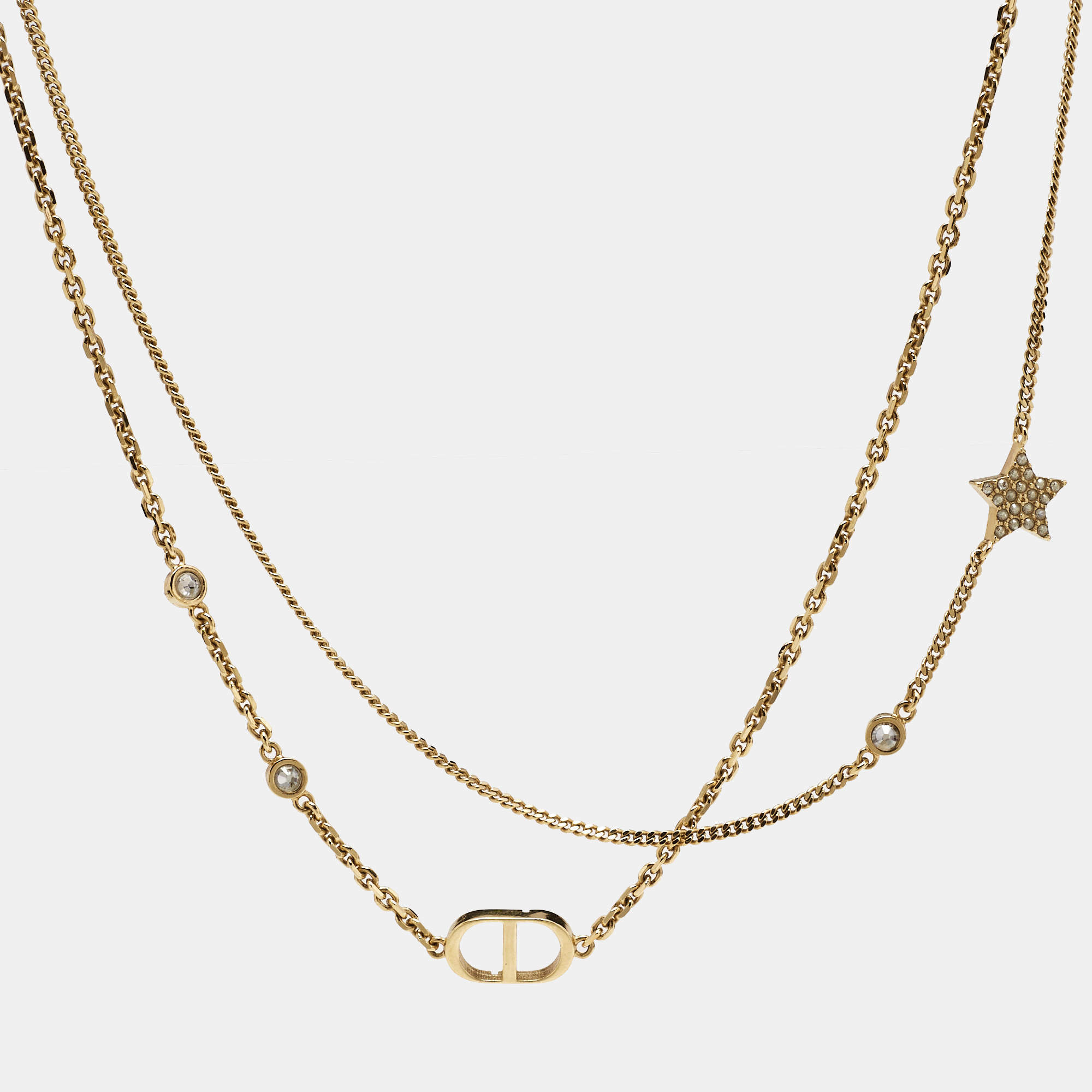 Pre Owned Dior Petit CD Crystals Gold Tone Double Strand Necklace