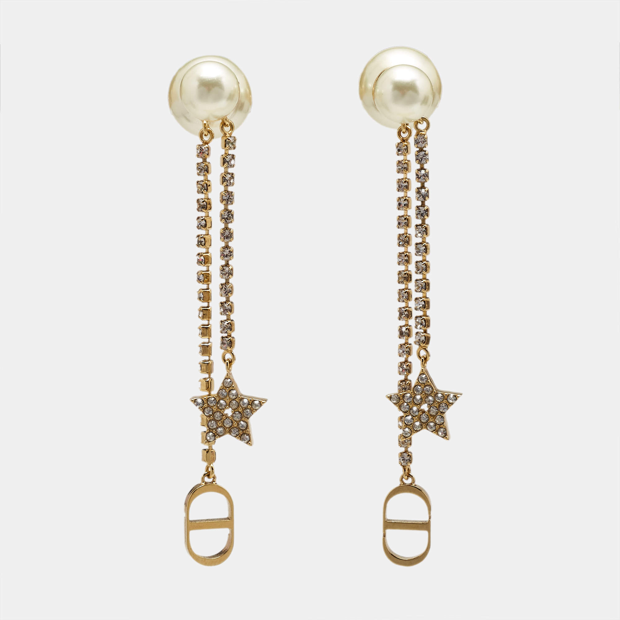 Pre Owned Dior Tribales Crystals Faux Pearl Gold Tone Earrings