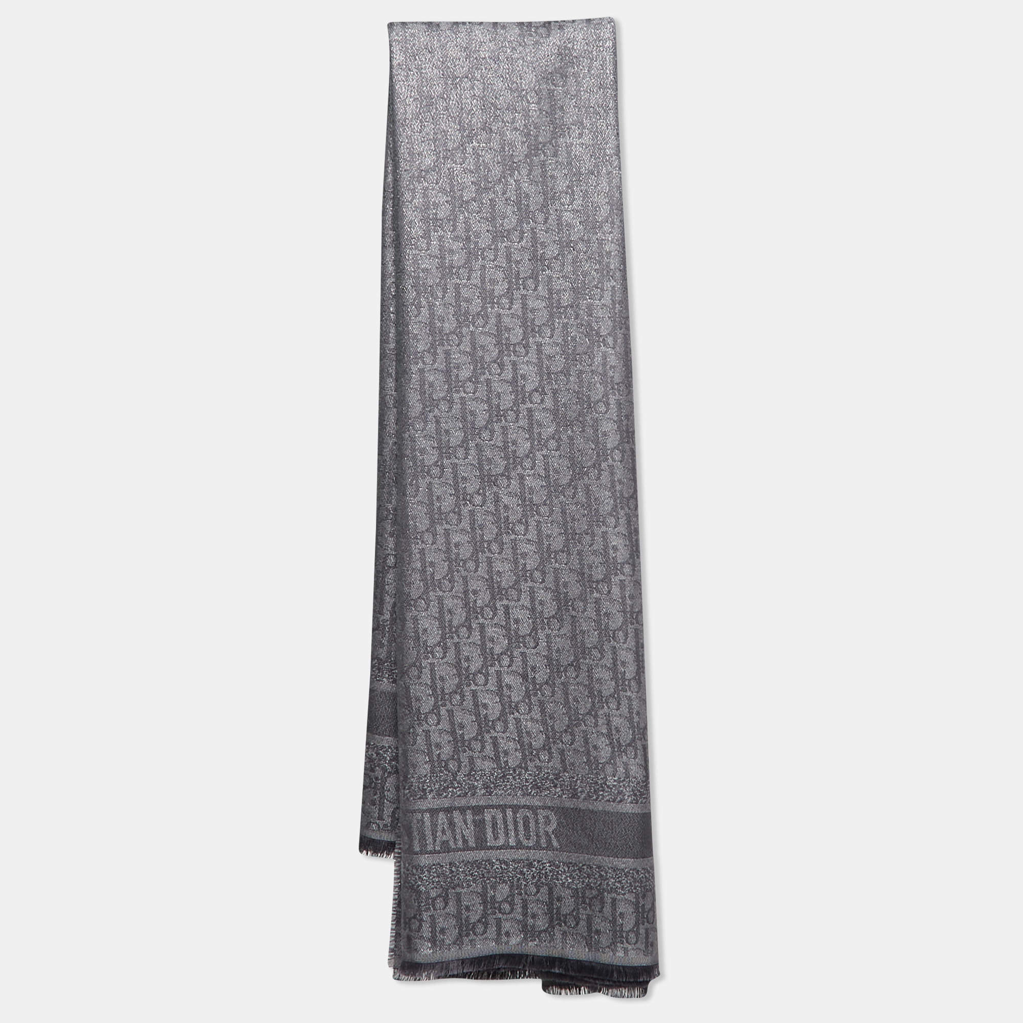 Pre Owned Christian Dior Oblique Lame Fringed Edge Scarf 