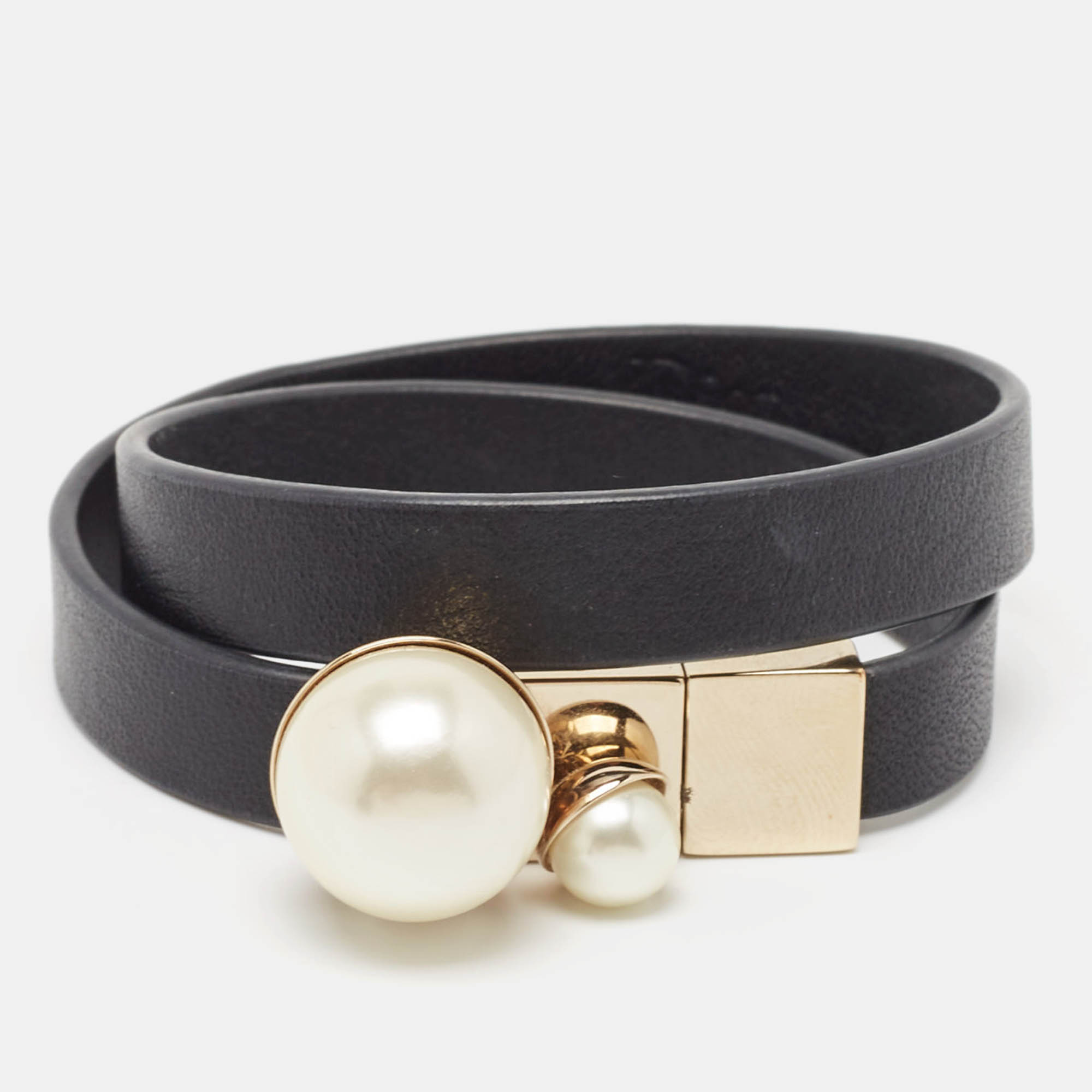 Pre Owned Christian Dior Mise En Dior Black Leather Faux Pearl Gold Tone Double Wrap Bracelet S