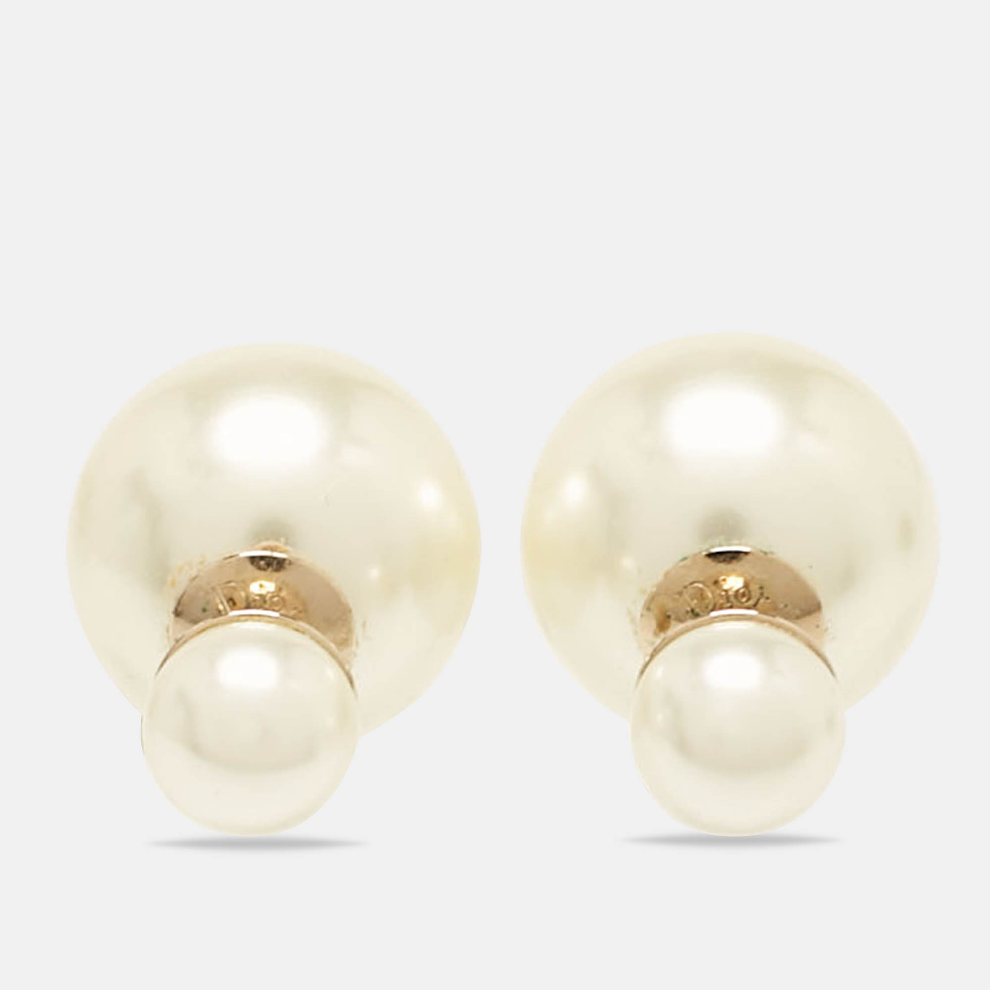 Pre Owned Dior Tribales Faux Pearl Gold Tone Stud Earrings