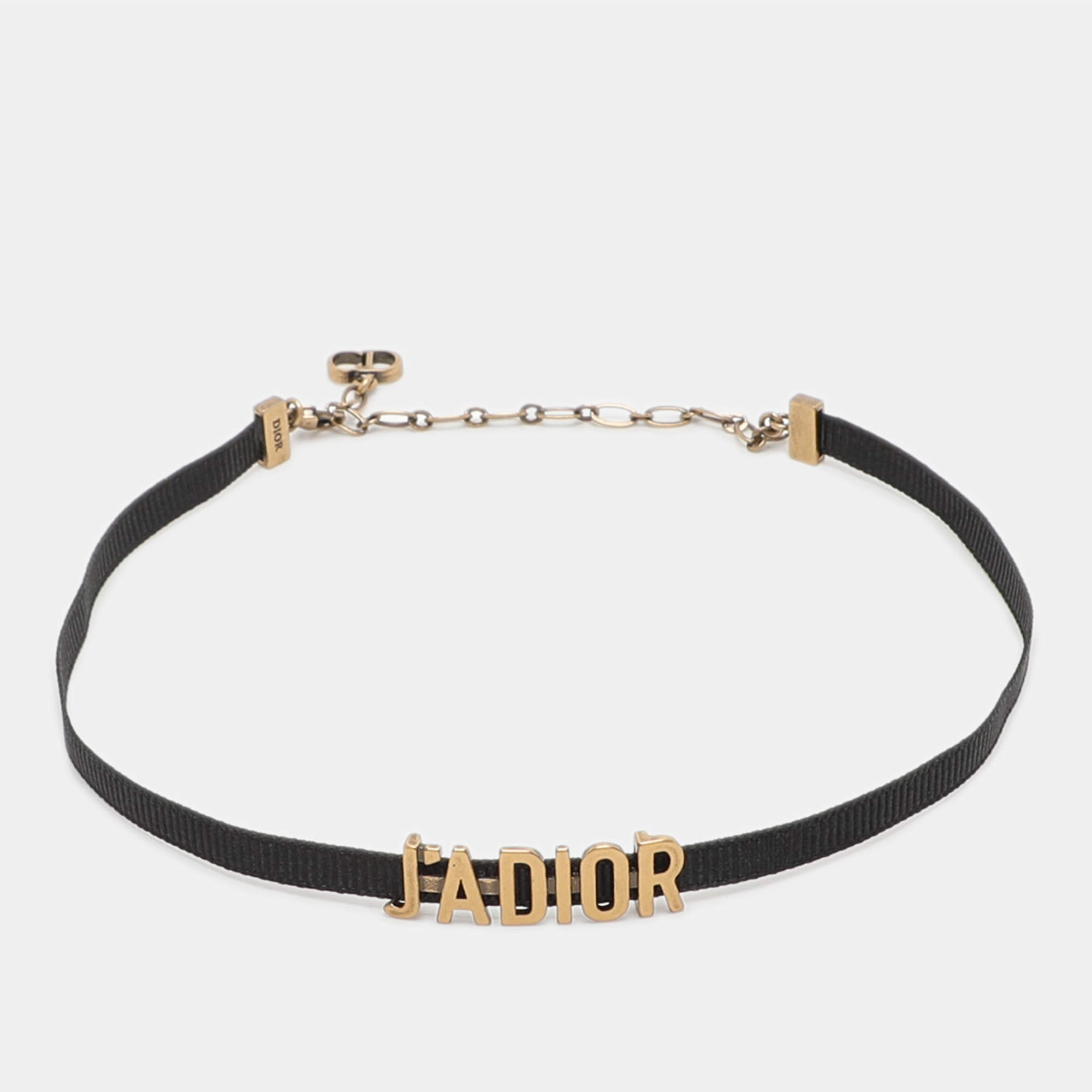 Dior J'Adior Black Ribbon Gold Tone Slide Pendant Choker Necklace