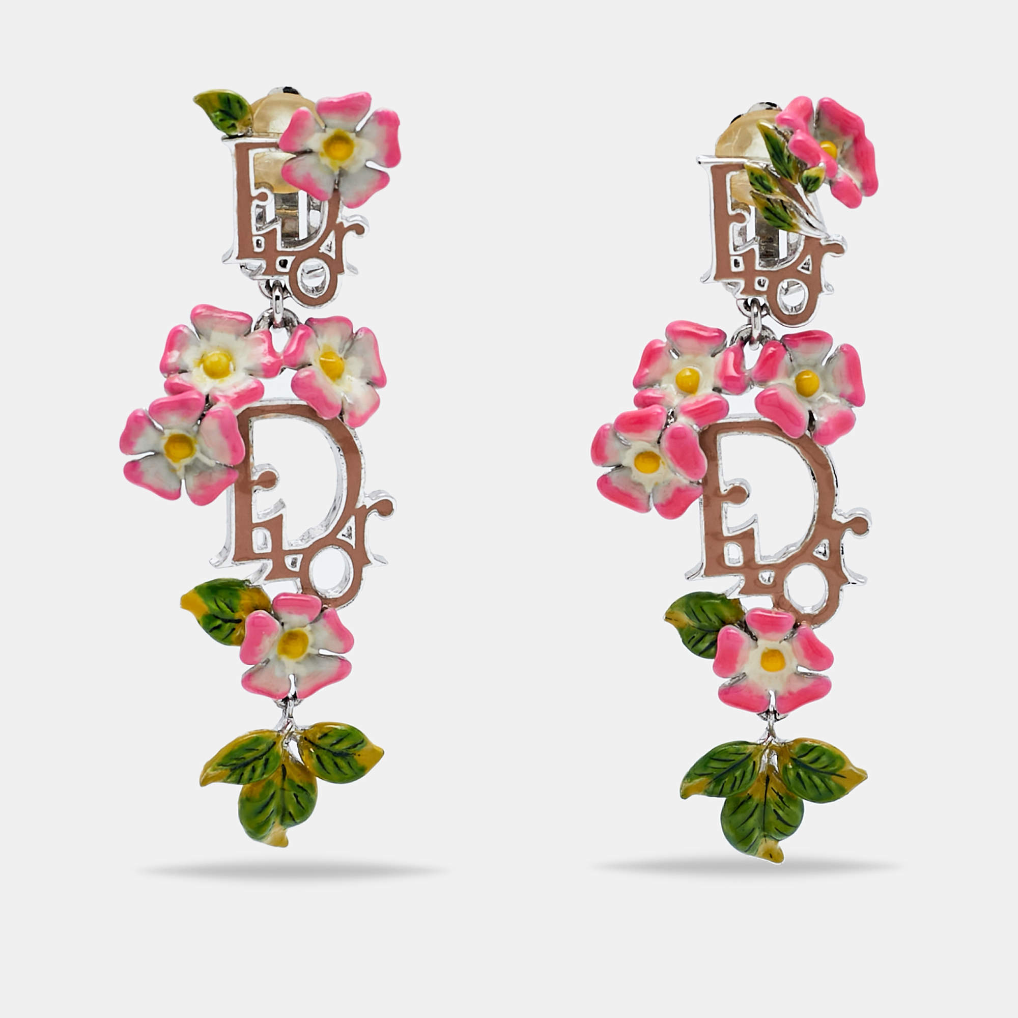 Dior Multicolor Enamel Flower Logo Silver Tone Clip On Earrings