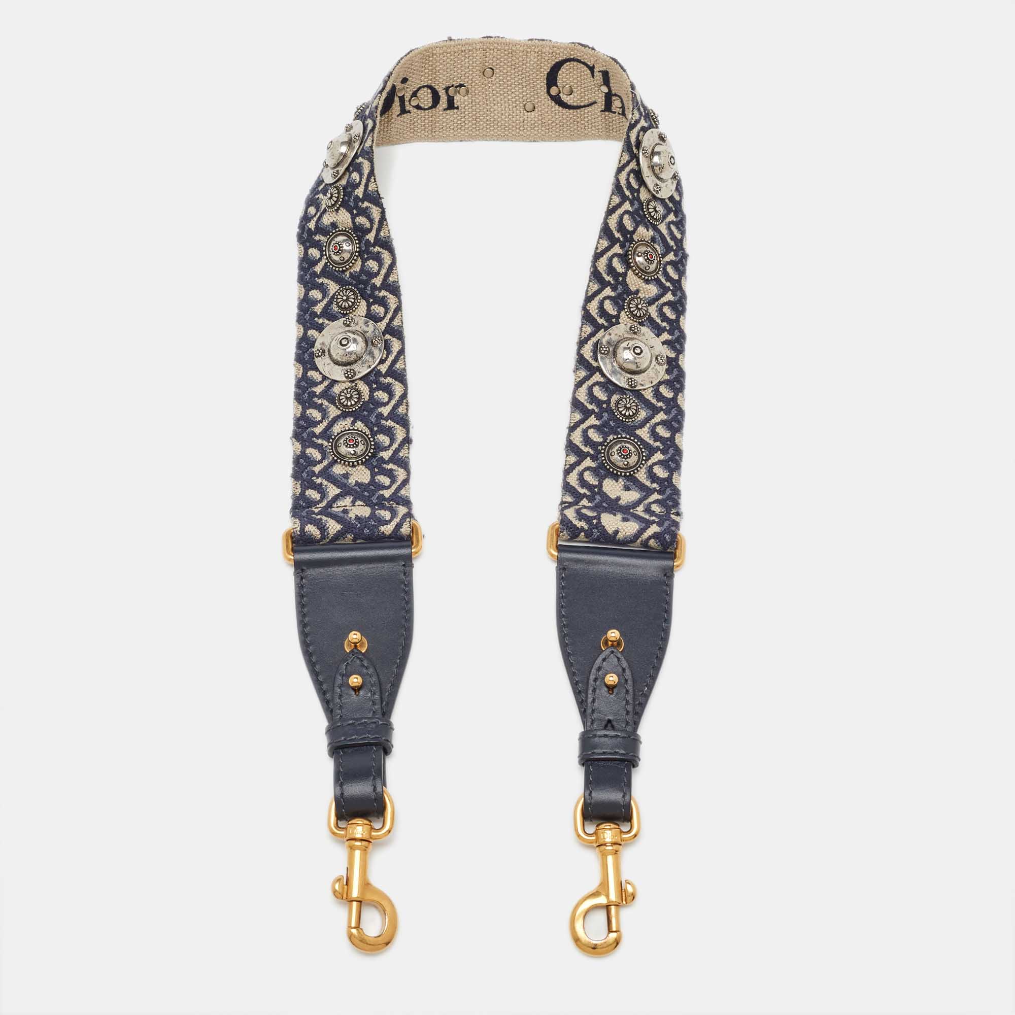 Dior Blue Oblique Embroidery Canvas and Leather Shoulder Bag Strap            
