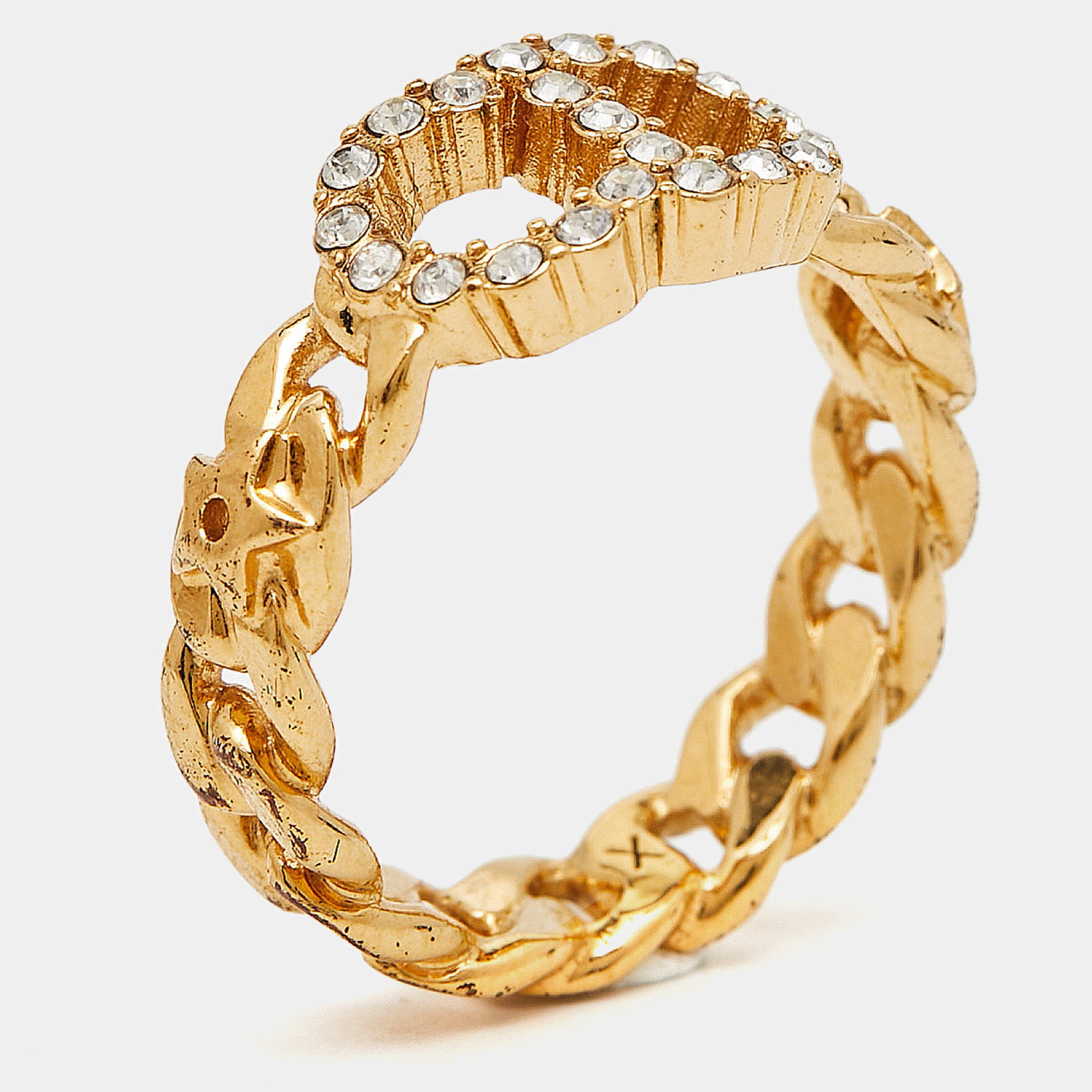 Pre Owned Dior CD Crystals Gold Tone Ring Size 56