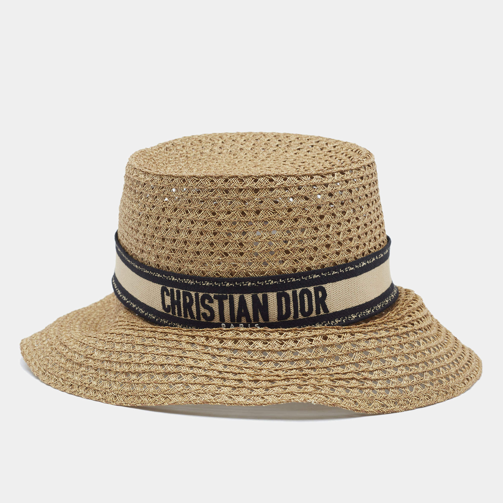 Pre Owned Christian Dior Brown Embroidered Band Straw D-Bobby Large Brim Hat