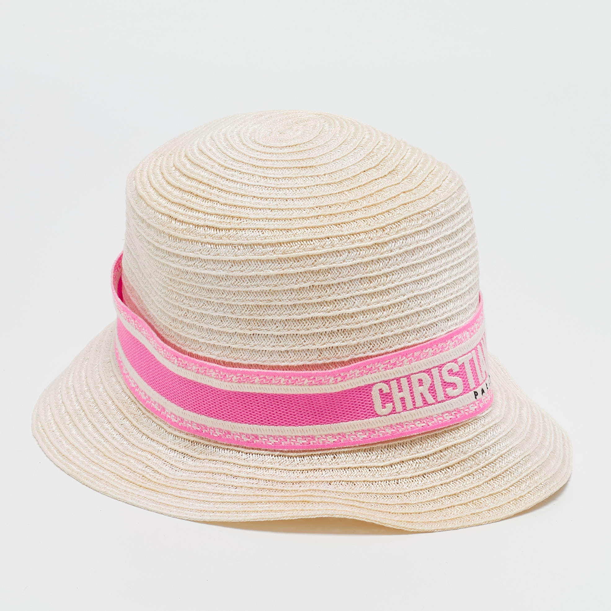 Pre Owned Christian Dior Ivory/Pink Logo Detail Straw Dioresort Hat