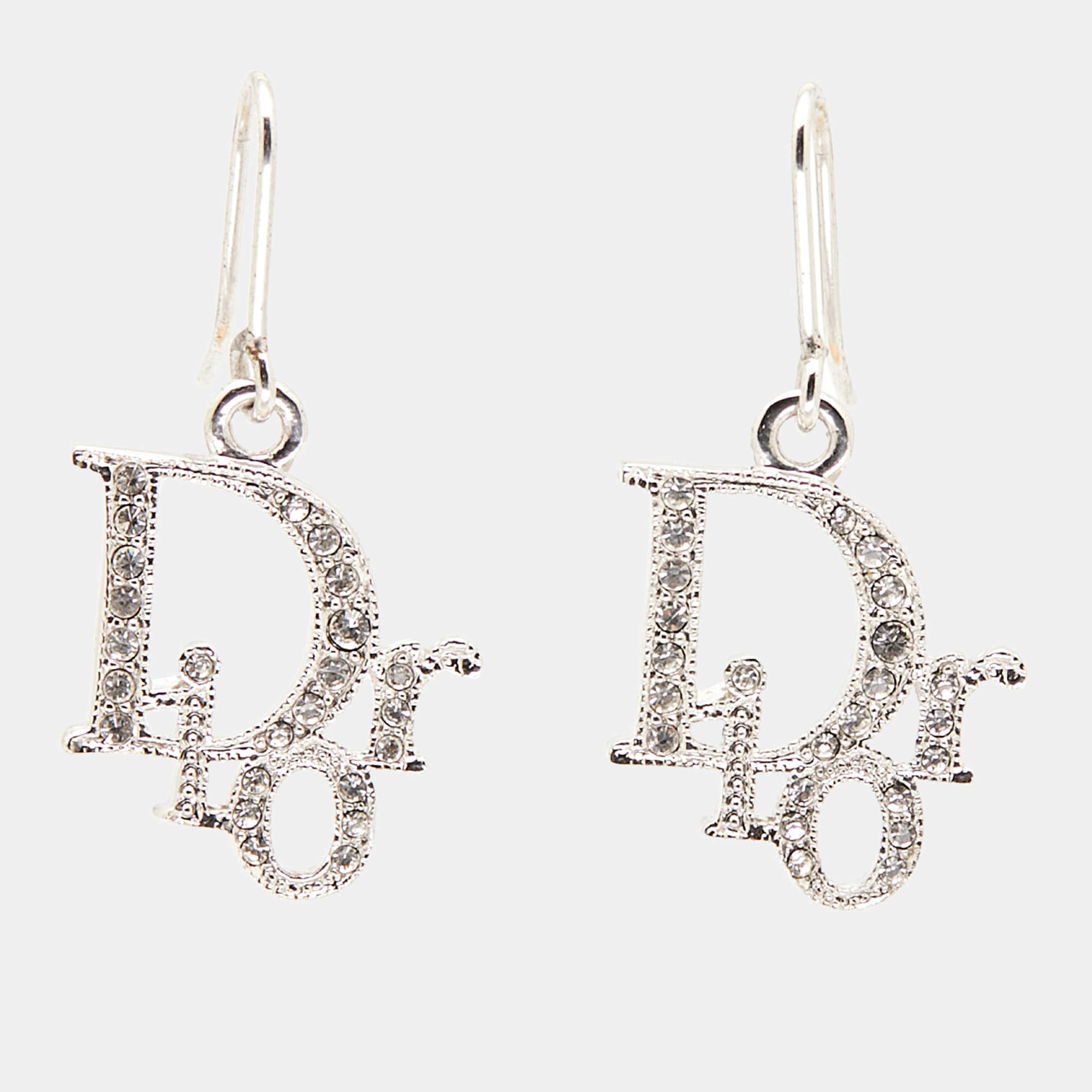 Dior Crystal Accented Logo Silver Tone Drop Earrings