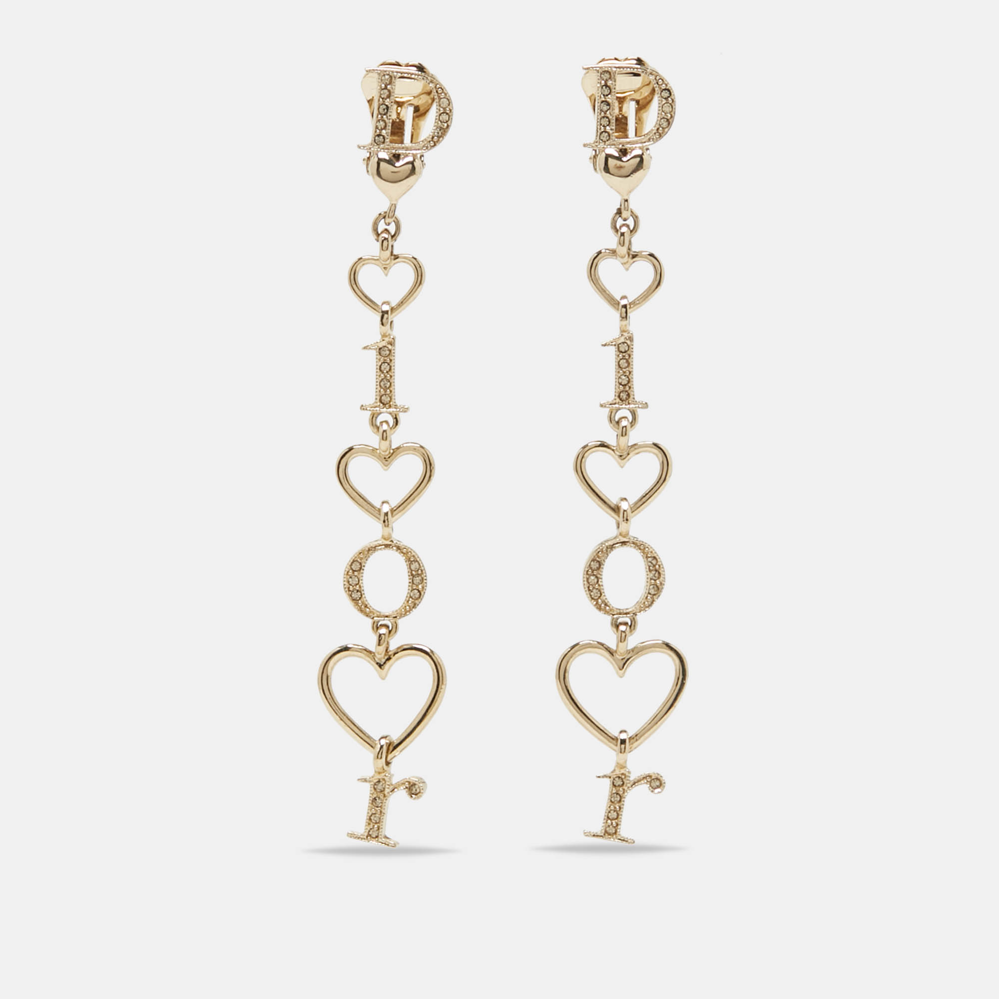 Pre Owned Dior Heart Letter Spell Out Gold Tone Crystal Drop Earrings