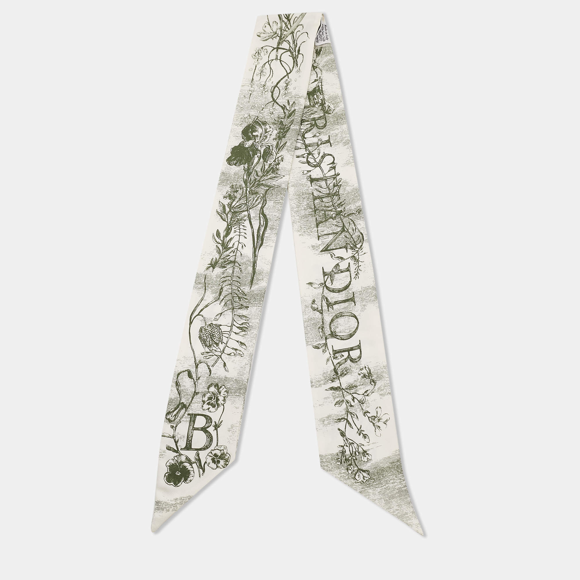 Pre Owned Dior White/Green Printed Silk Botanique Mitzah Scarf