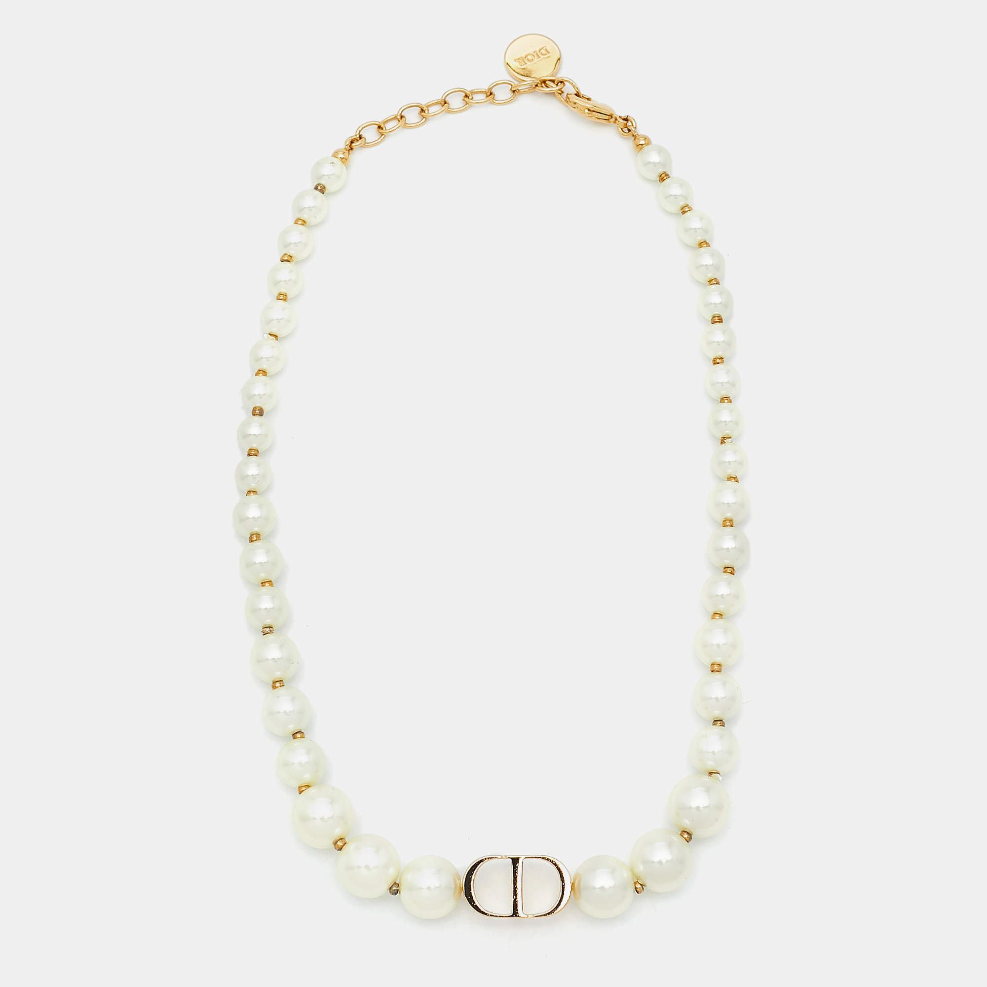 Pre Owned Dior 30 Montaigne Faux Pearl Gold Tone Choker Necklace