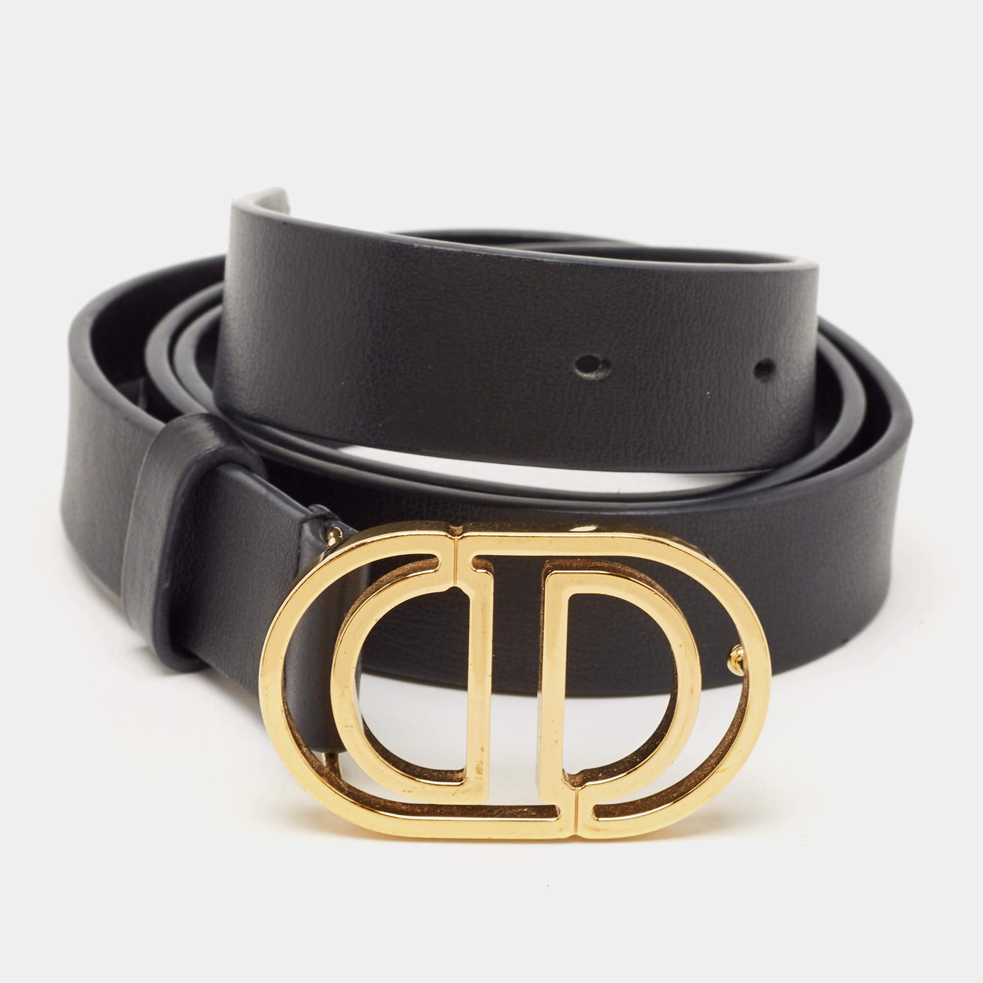 Pre Owned Dior Black Leather CD Cut Logo Buckle Belt 80 CM