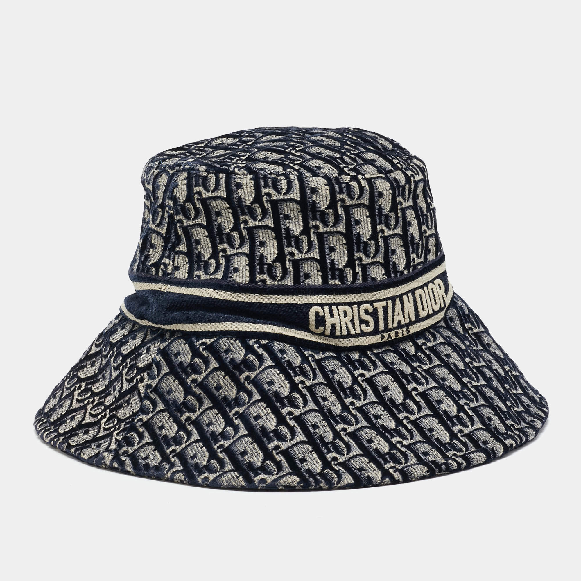 مملوكة مسبقًا Christian Dior Navy Blue Oblique Jacquard Velvet Bucket Hat