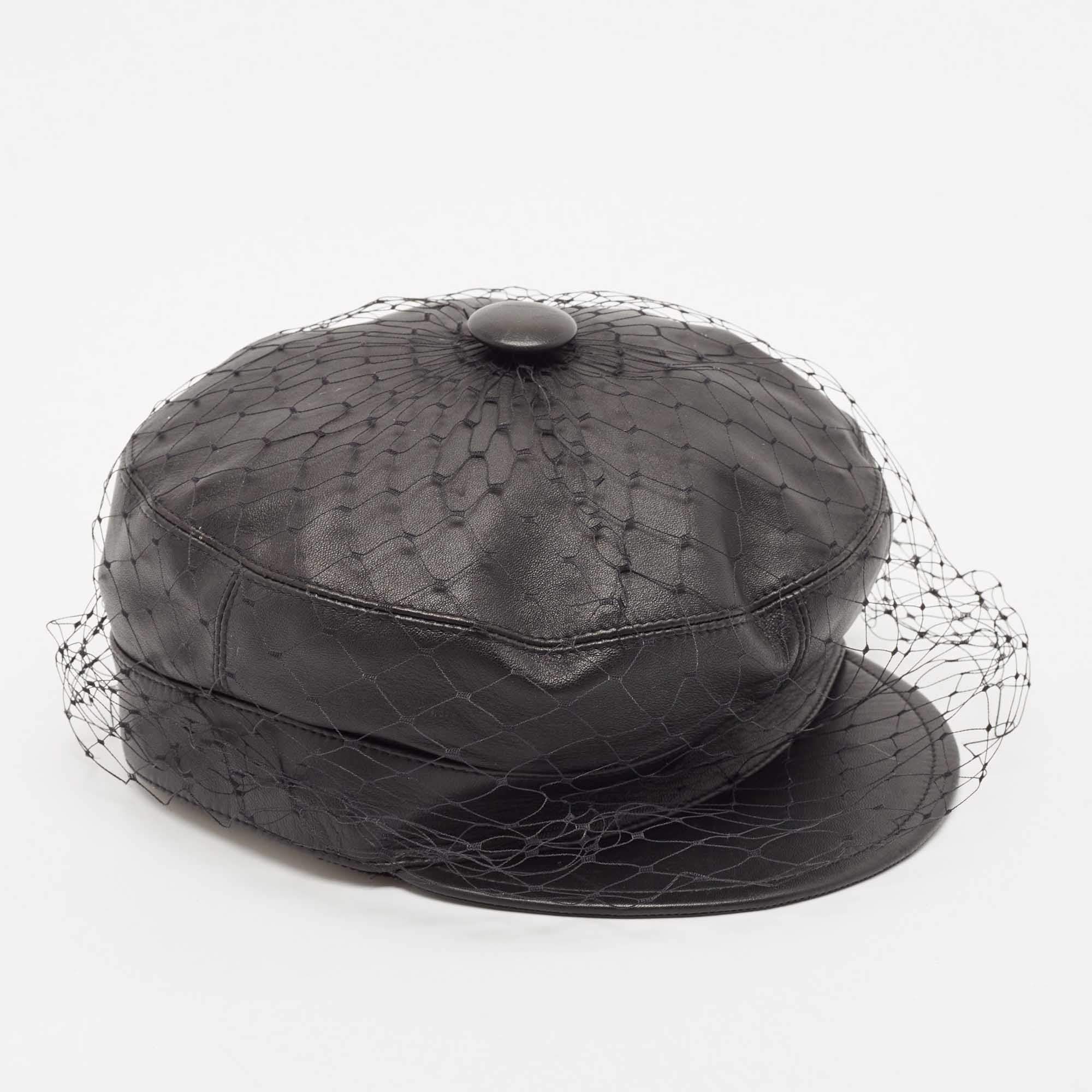 Pre Owned Christian Dior Black Leather Arty Beret Cap With Veil 