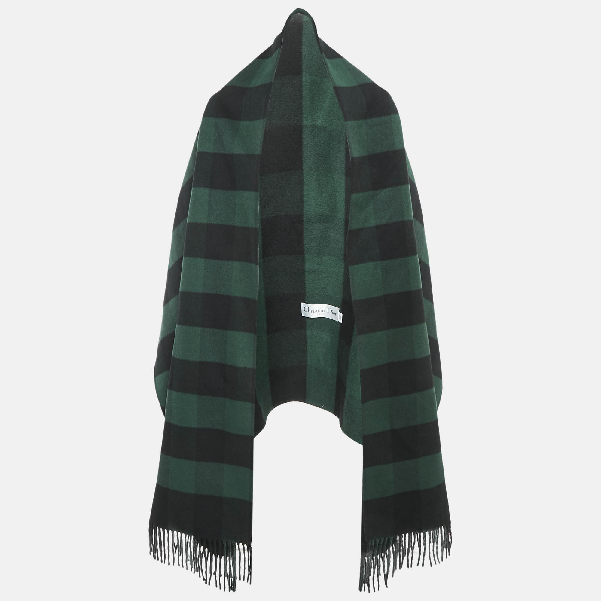 مملوكة مسبقًا Christian Dior Green/Black Stripe Wool Fringed Scarf