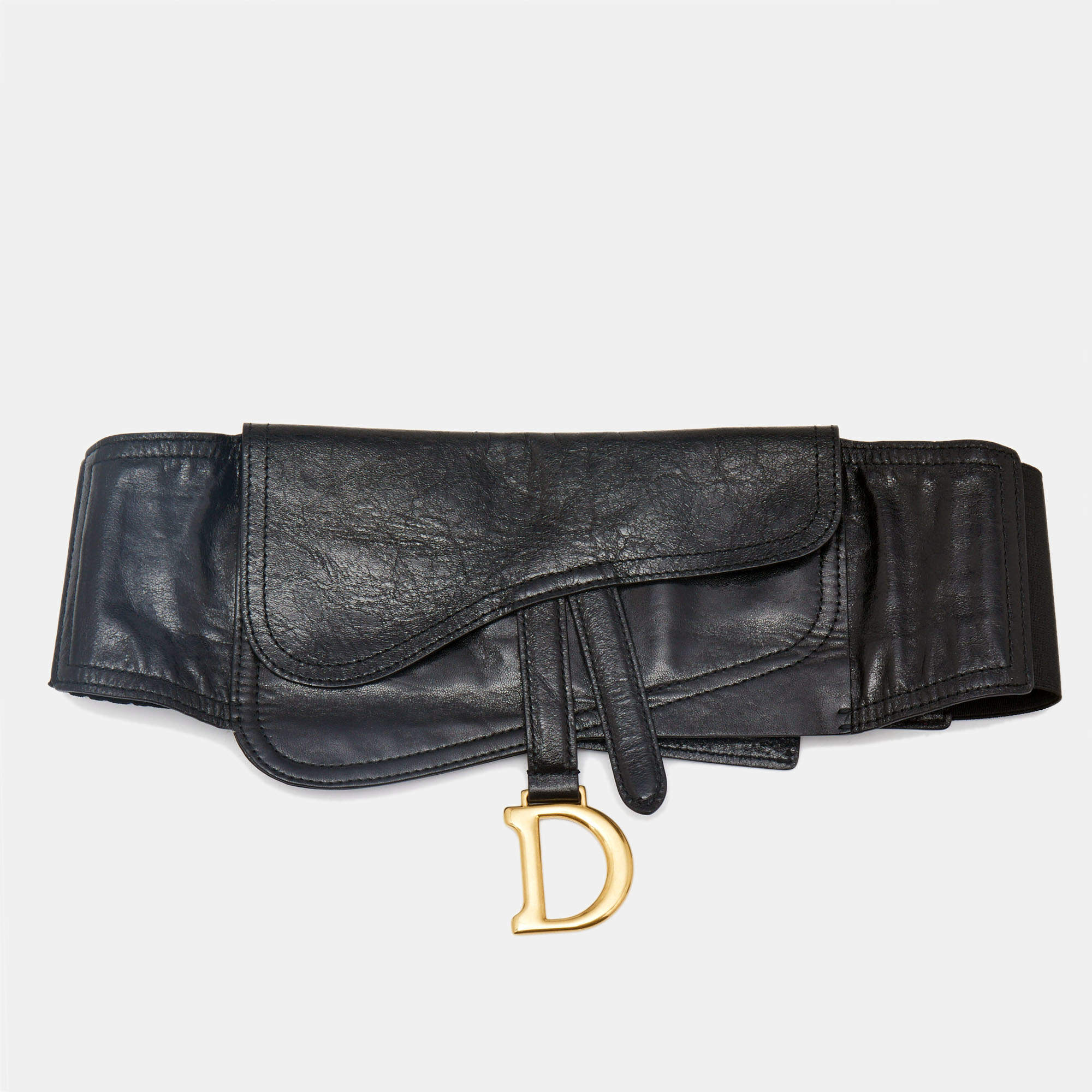 Dior Black Glossy Leather and Stretch Band Saddle Belt S/M