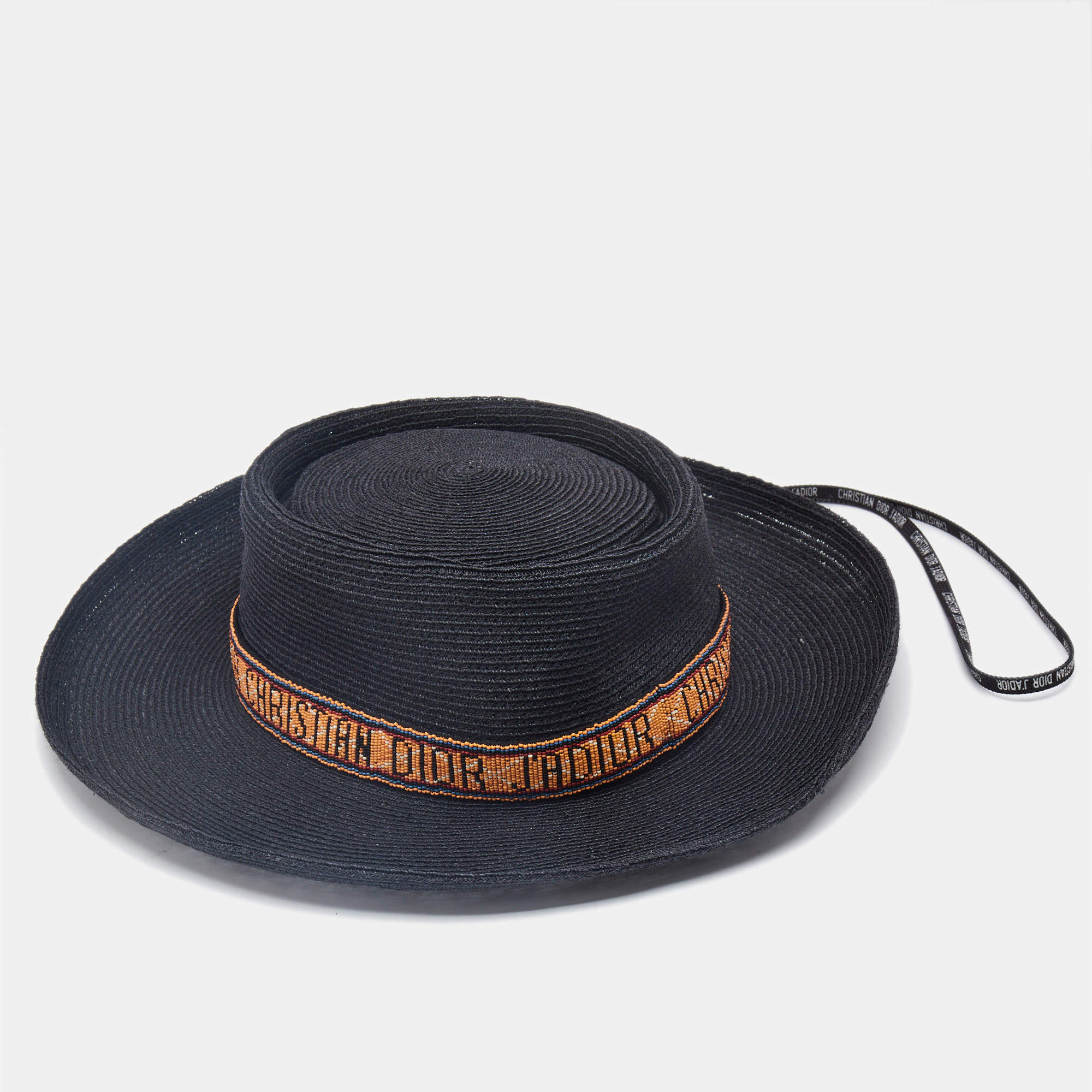 Christian Dior Black Beaded Detail Straw Hat 