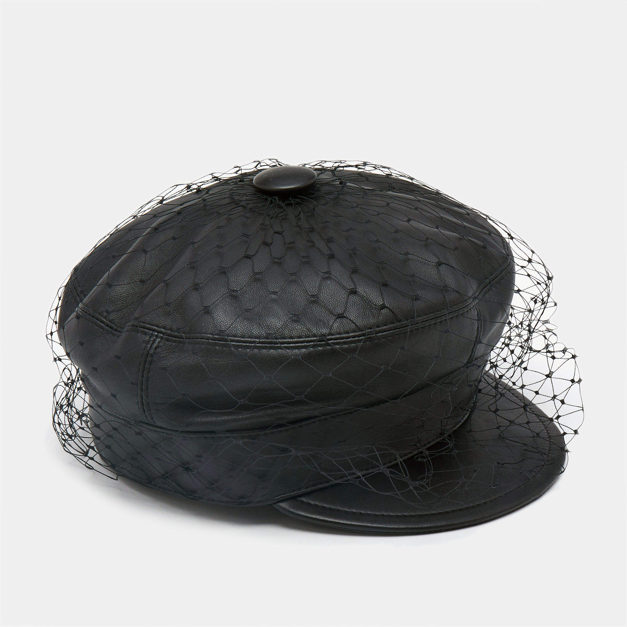 Christian Dior Black Leather Arty Beret Cap With Veil 