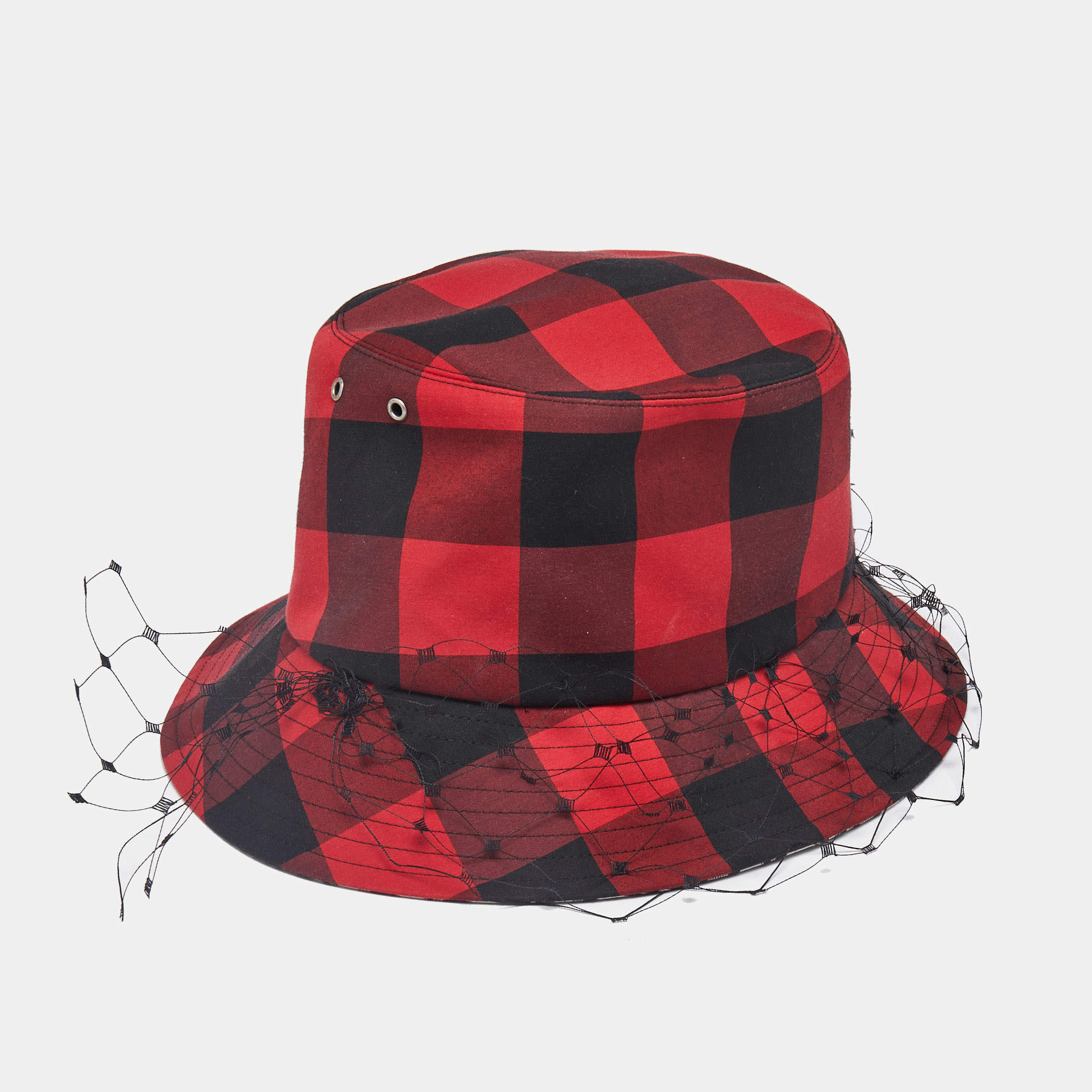 Dior Red Teddy-D Check'N'Dior Veil Bucket Hat Size 58
