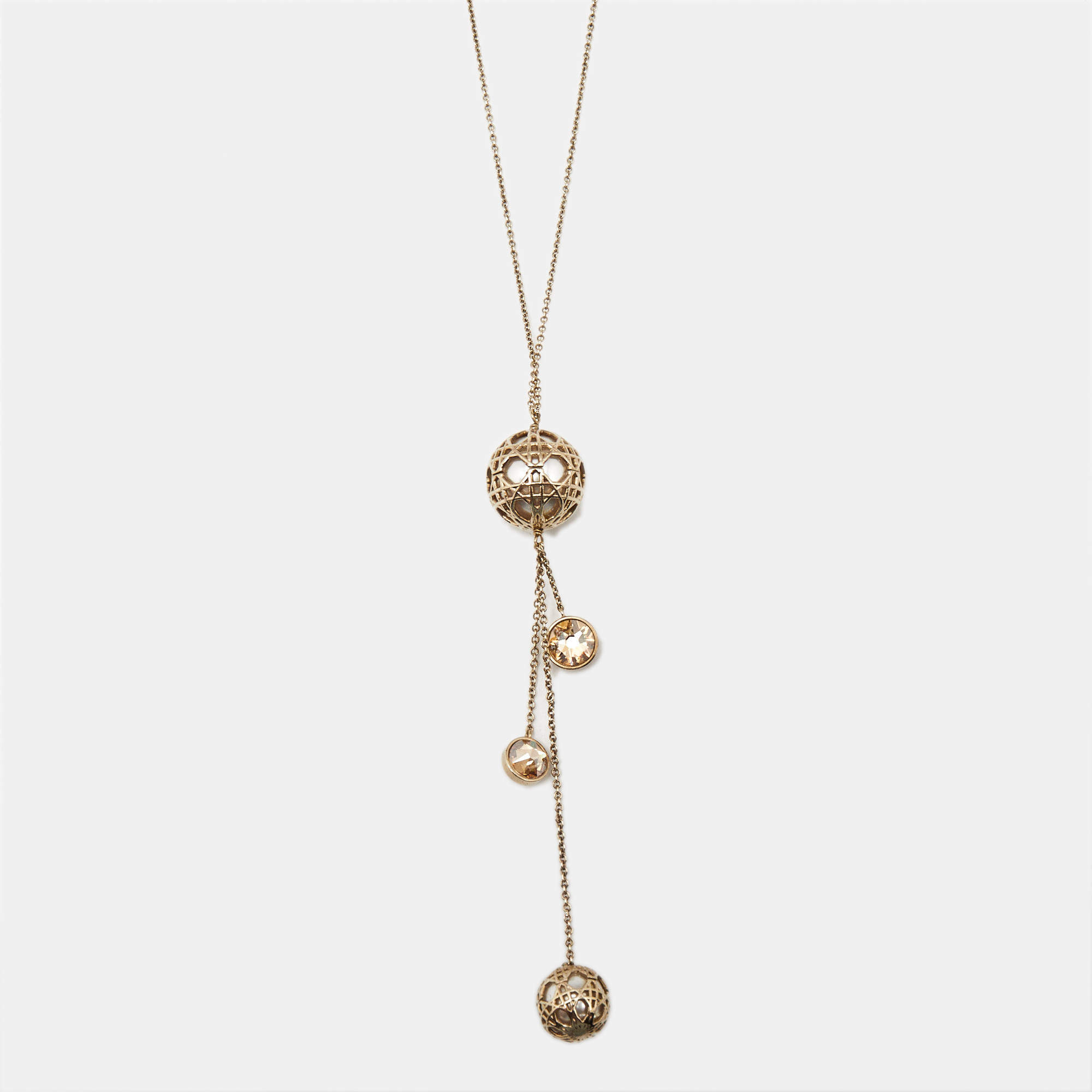 Dior Cannage Faux Pearl Crystals Gold Tone Long Necklace