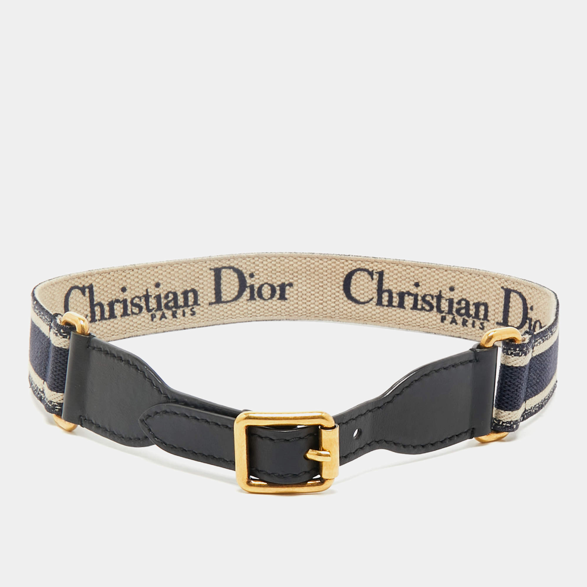 Dior Navy Blue/Black Embroidered Canvas and Leather Waist Buckle Belt 75CM