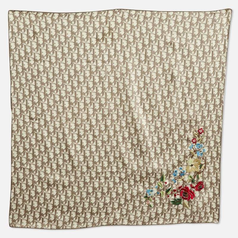 Dior Brown Floral Embroidered Diorissimo Silk Square Scarf