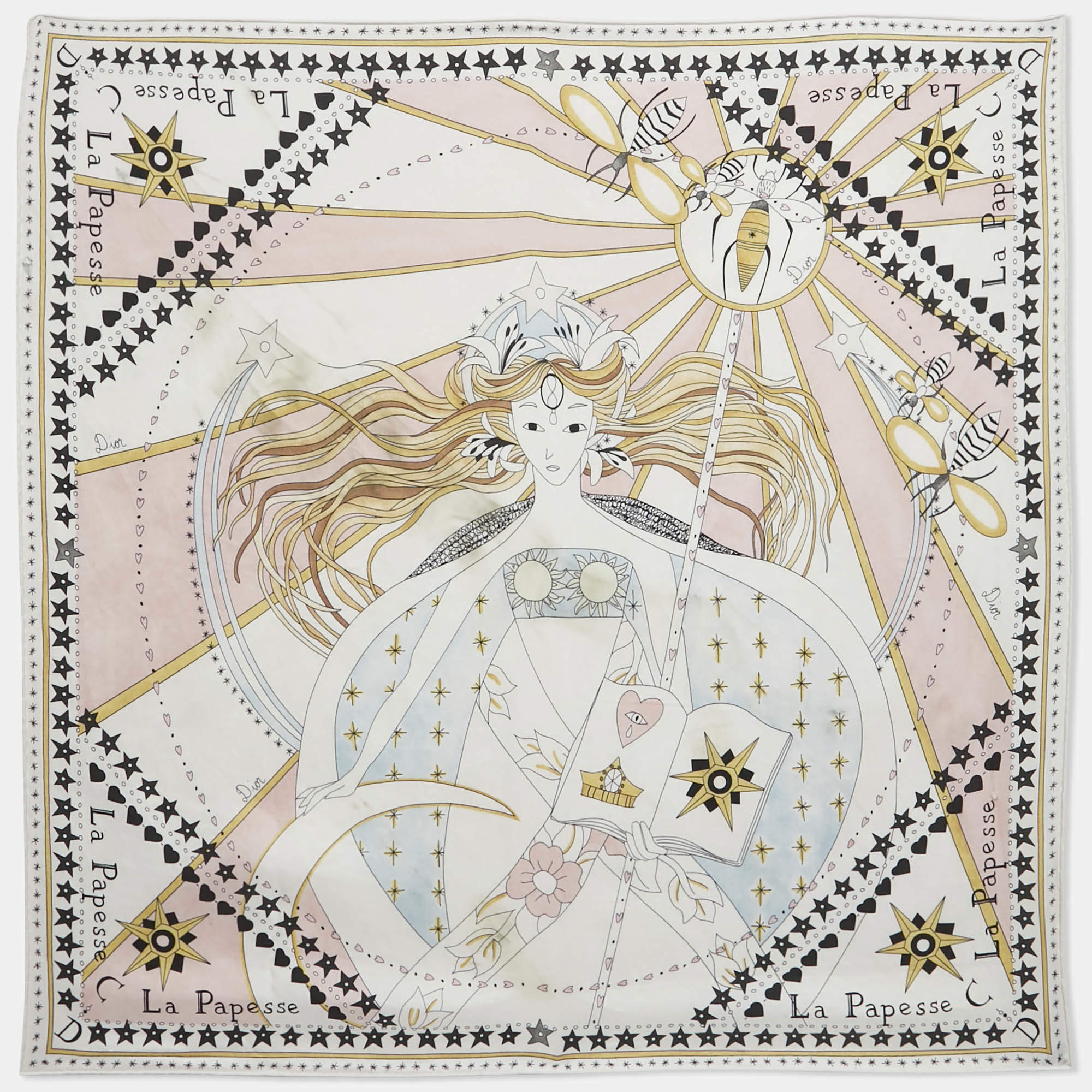 Christian Dior White Silk La Papesse Tarot Scarf 