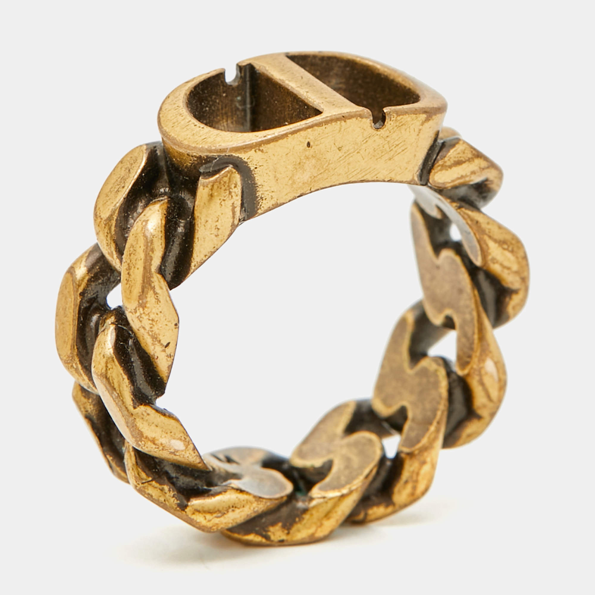 Pre Owned Christian Dior CD Logo Gold Tone Metal Chain Link Ring Size 53